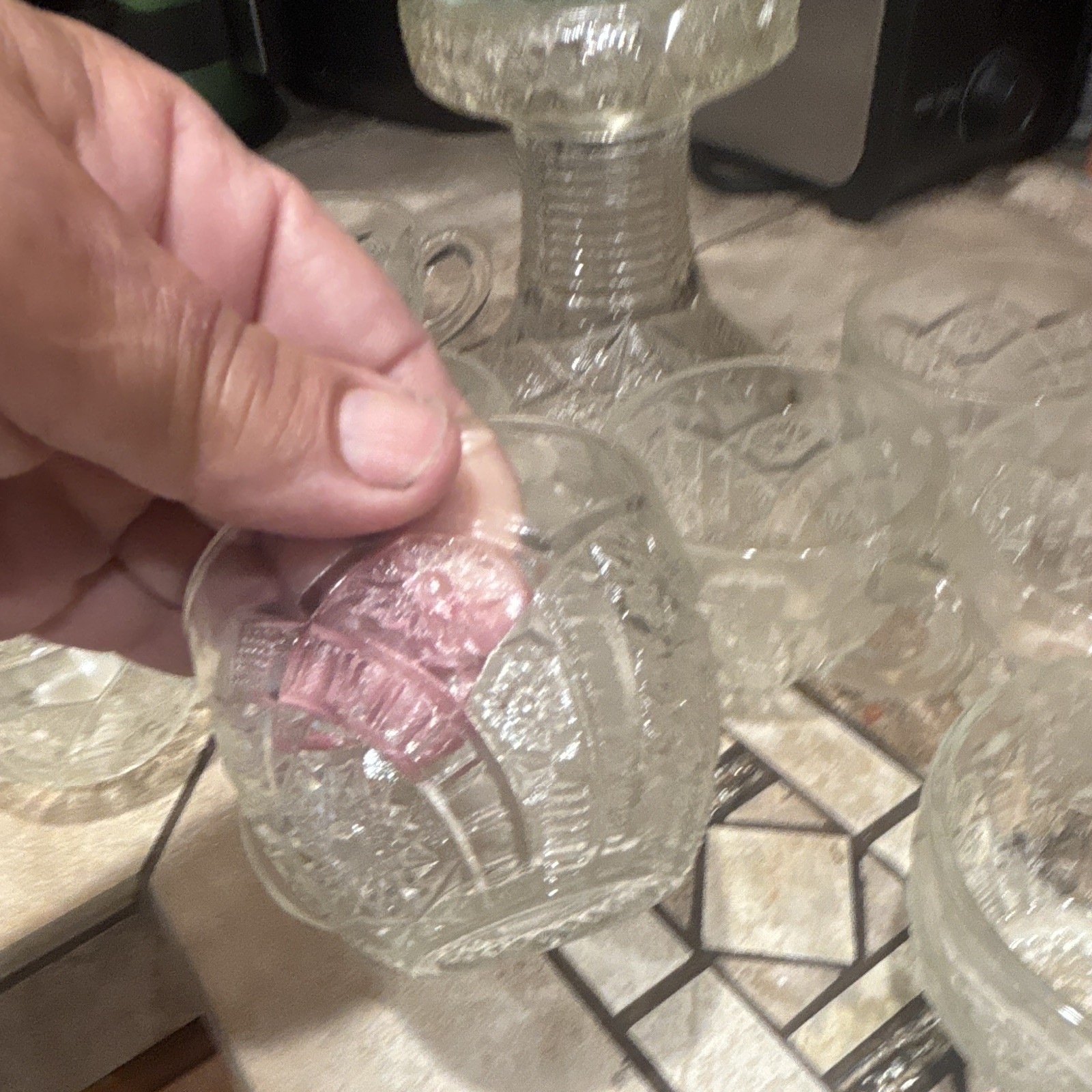 Clear Cut Glass Punch Bowl Set Round Pedestal Bowl w/ Matching Cups, Clear