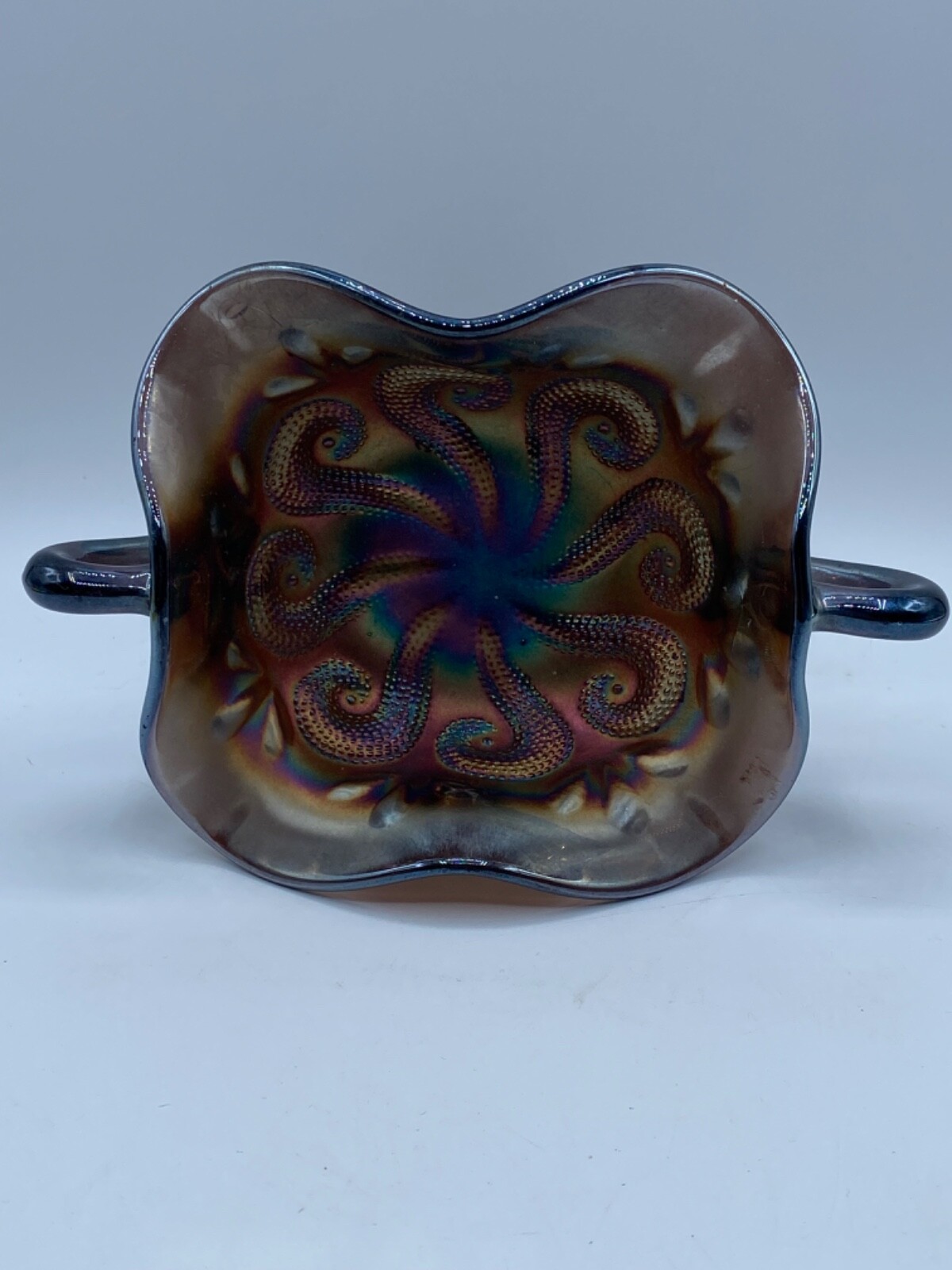Vintage Amethyst Carnival Glass Two Handled Footed Bonbon Dish 4.5″