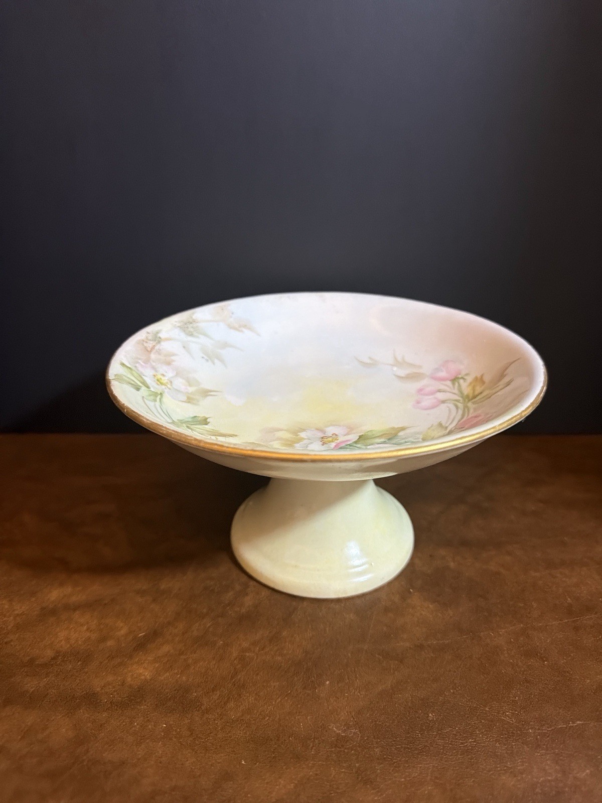 Antique Limoges Hand Painted Pedestal Compote W/ Delicate Floral + Gold Decor