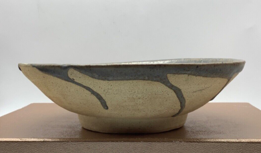 Art Pottery Stoneware Bowl Drip Glaze Blue Grey Tan, Vintage, 8.25” x 2.5”