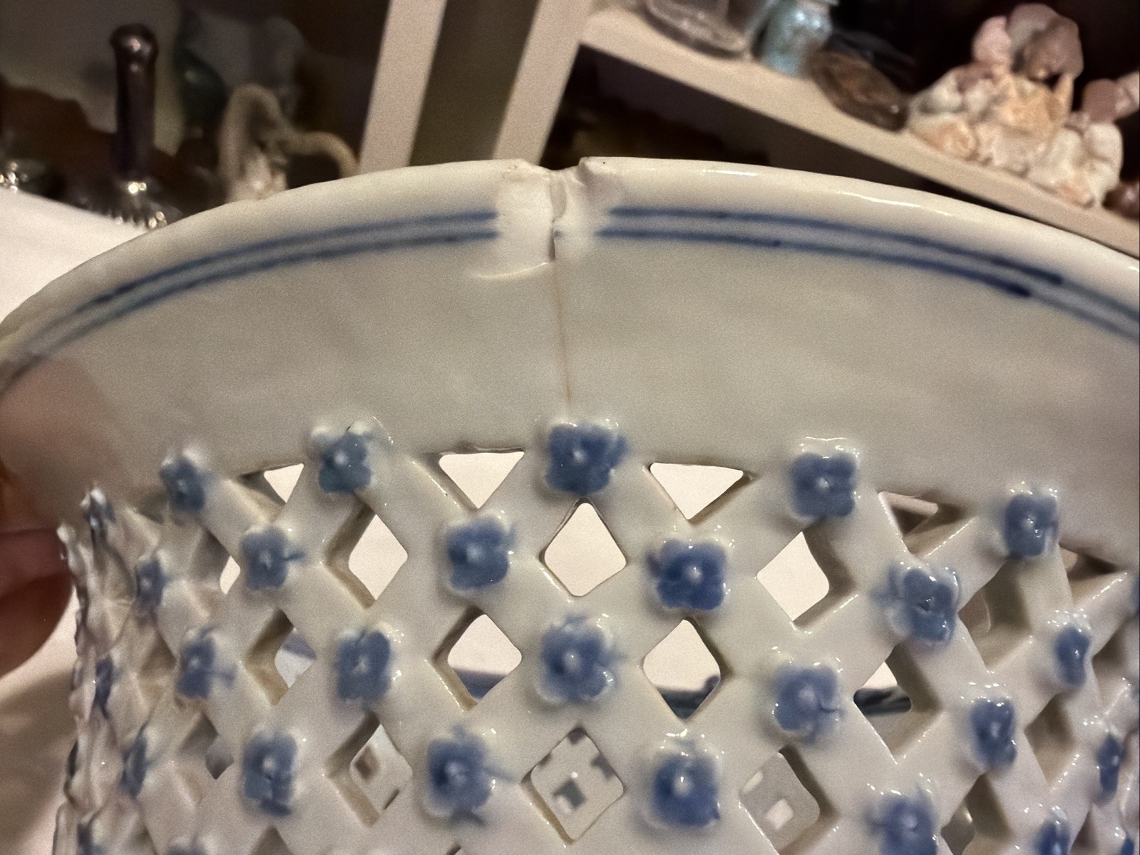 Rare Reticulated Canton Blue and White Chestnut Bowl Antique Transferware