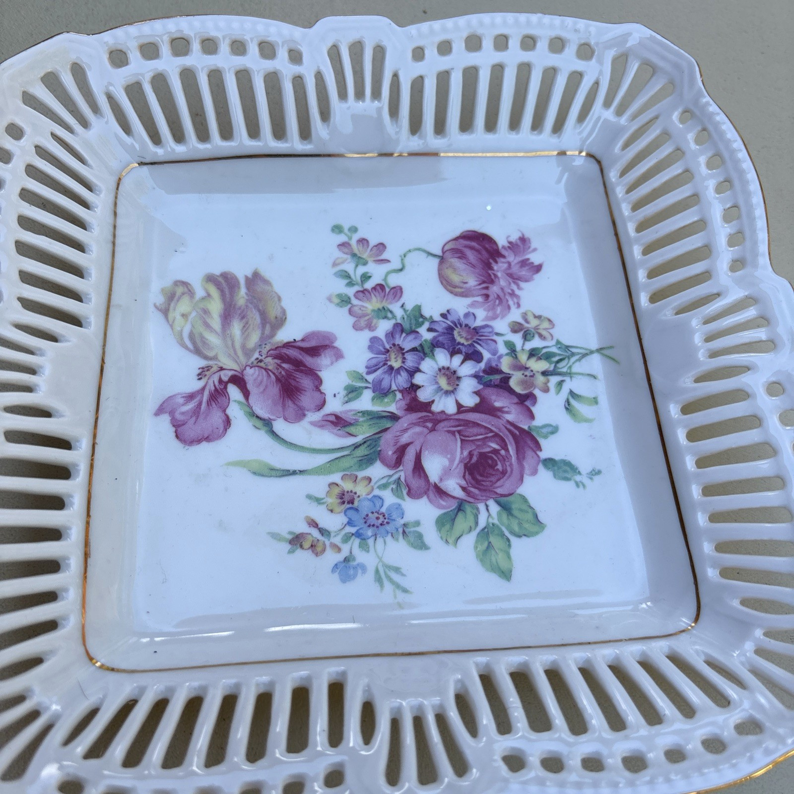 BJL German Floral Dish Hand Painted Vintage Reticulated Porcelain Square 7.75 in