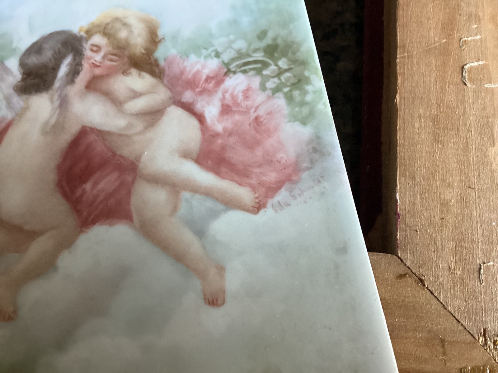 Antique 14×6” T&V Limoges HandPainted Porcelain Tile Plaque Artist Signed Cherub