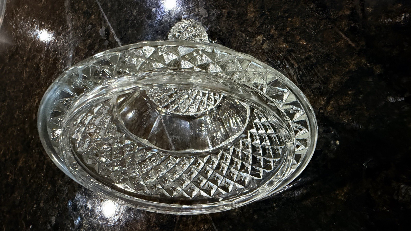 EAPG Clear Pressed Glass Covered Compote Diamond Fan Pineapple Finial UV365 Glow