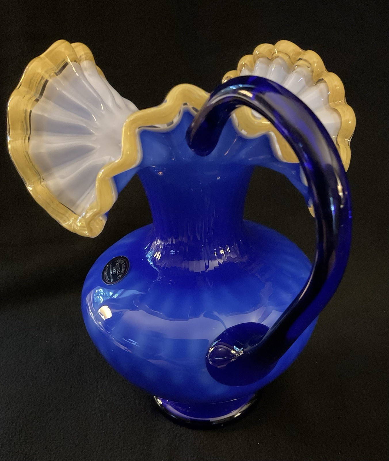 2 MCM Arte Murano Kristall Mery Cobalt Blue Pitcher W/Yellow Ruffled Rim 8.5