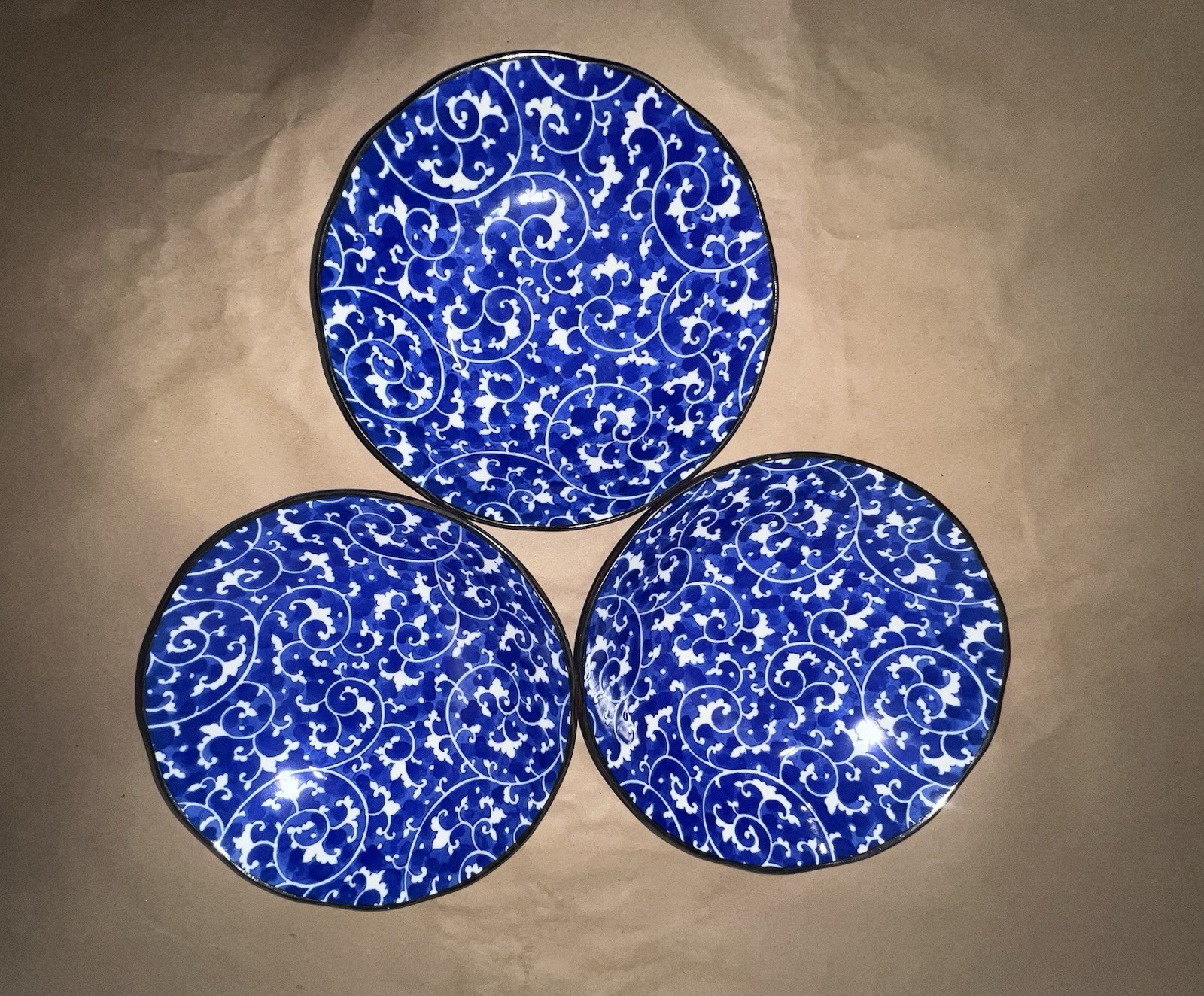 Blue and White Porcelain Bowl, Arabesque Pattern, Glossy Round Pottery
