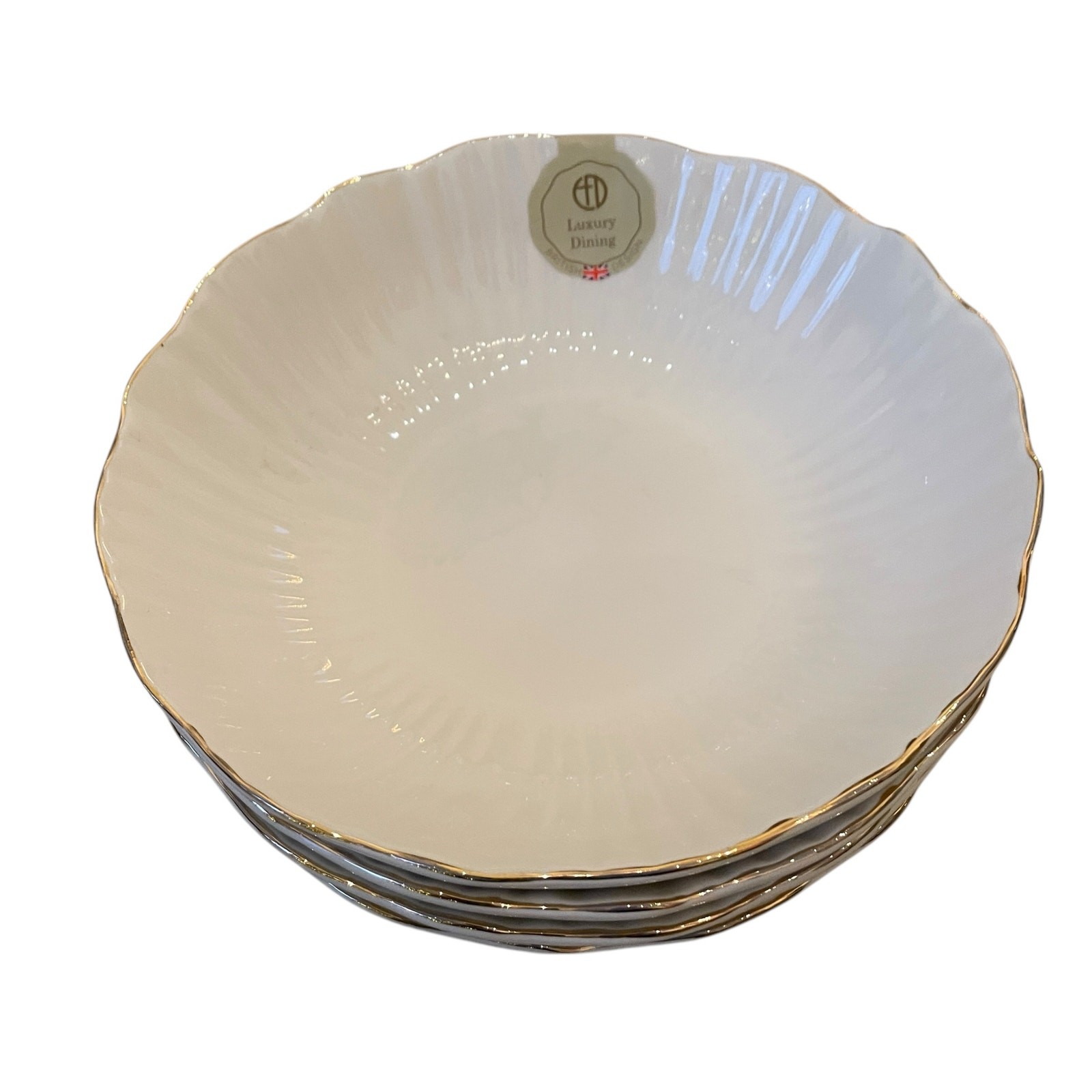 Eaton Fine Dining Porcelain 8.5in Pasta Bowl Set of 4 Aubrey White Gold Trim New