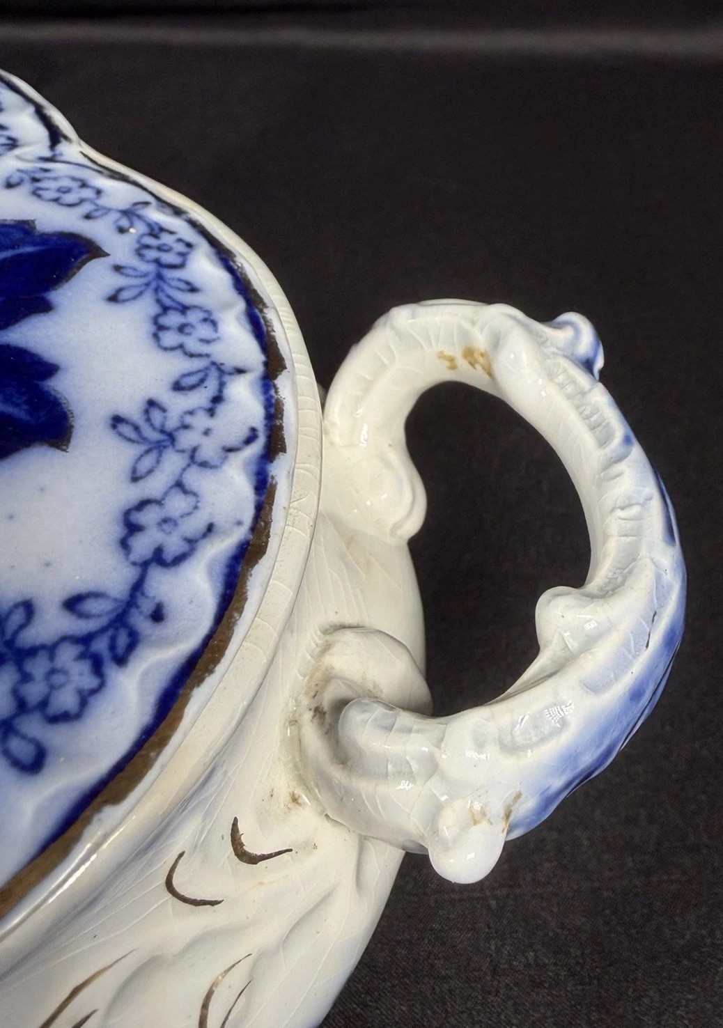 Antique Johnson Bros Normandy Flow Blue Oval Covered Vegetable Bowl Dish 11.5”