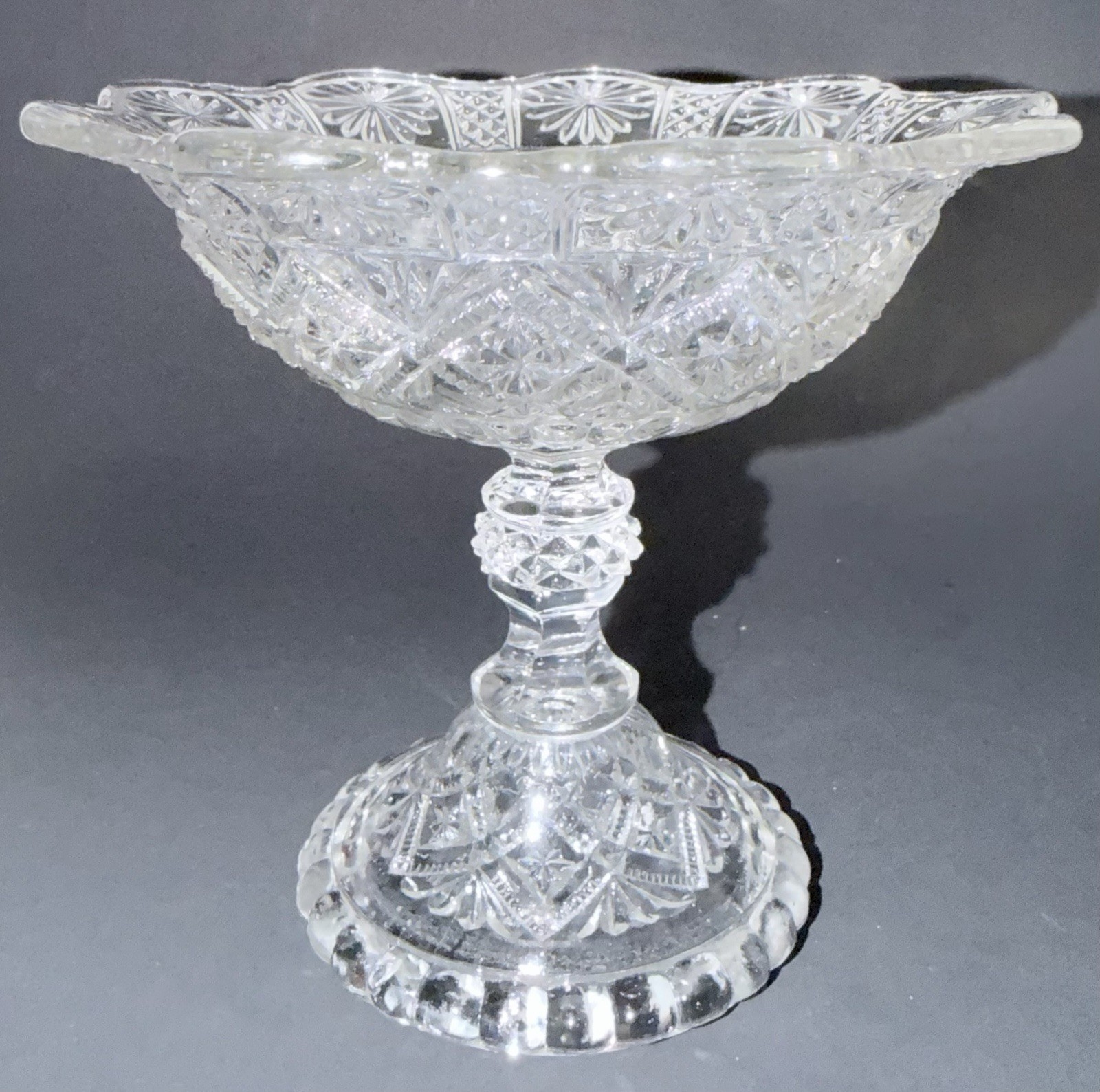 EAPG Clear Pressed Glass Covered Compote Diamond Fan Pineapple Finial UV365 Glow