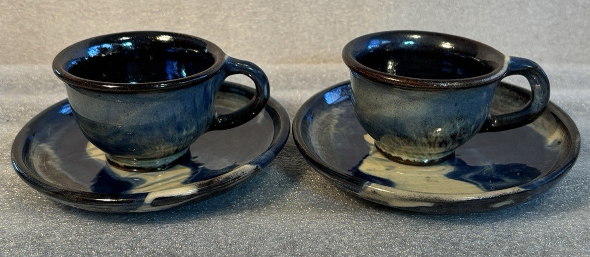 Studio Ceramic Pottery 2 cups & 2 Saucers Hand-Made Brown Blue Yellow