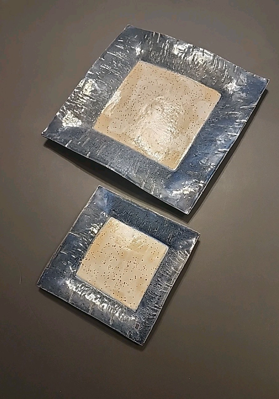 2 Studio Pottery Square Plates Hand Thrown Blue Tan Clay Stamped/Signed 9”, 5.6″