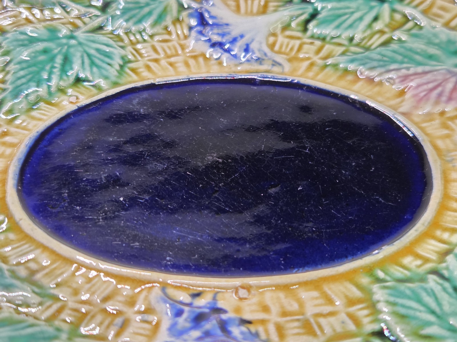 Antique Oval Majolica Basket Weave Footed Platter Floral Bread Bowl Cobalt 12¾”