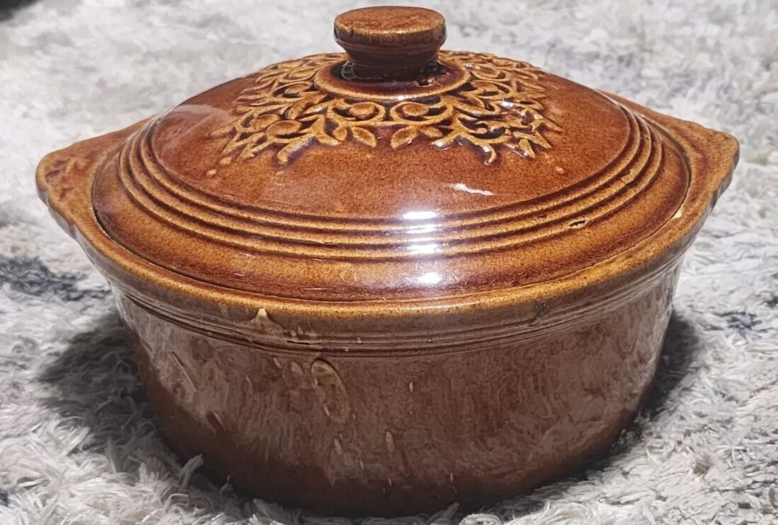 Vintage Light Brown Stoneware Lidded Bowl With Embossed design USA