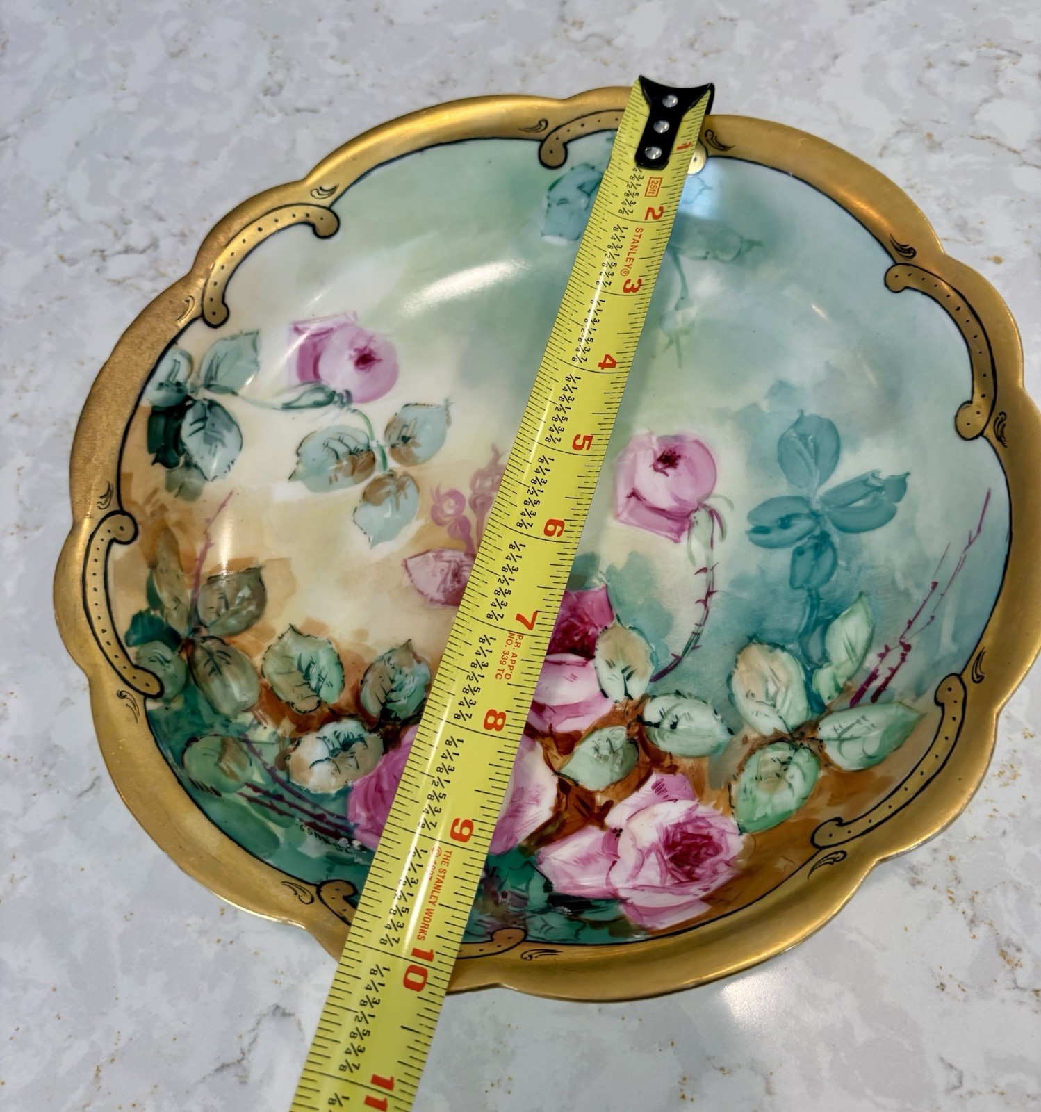 Antique Limoges France Hand Painted Pink Roses Bowl Artist Signed Gold 10.5
