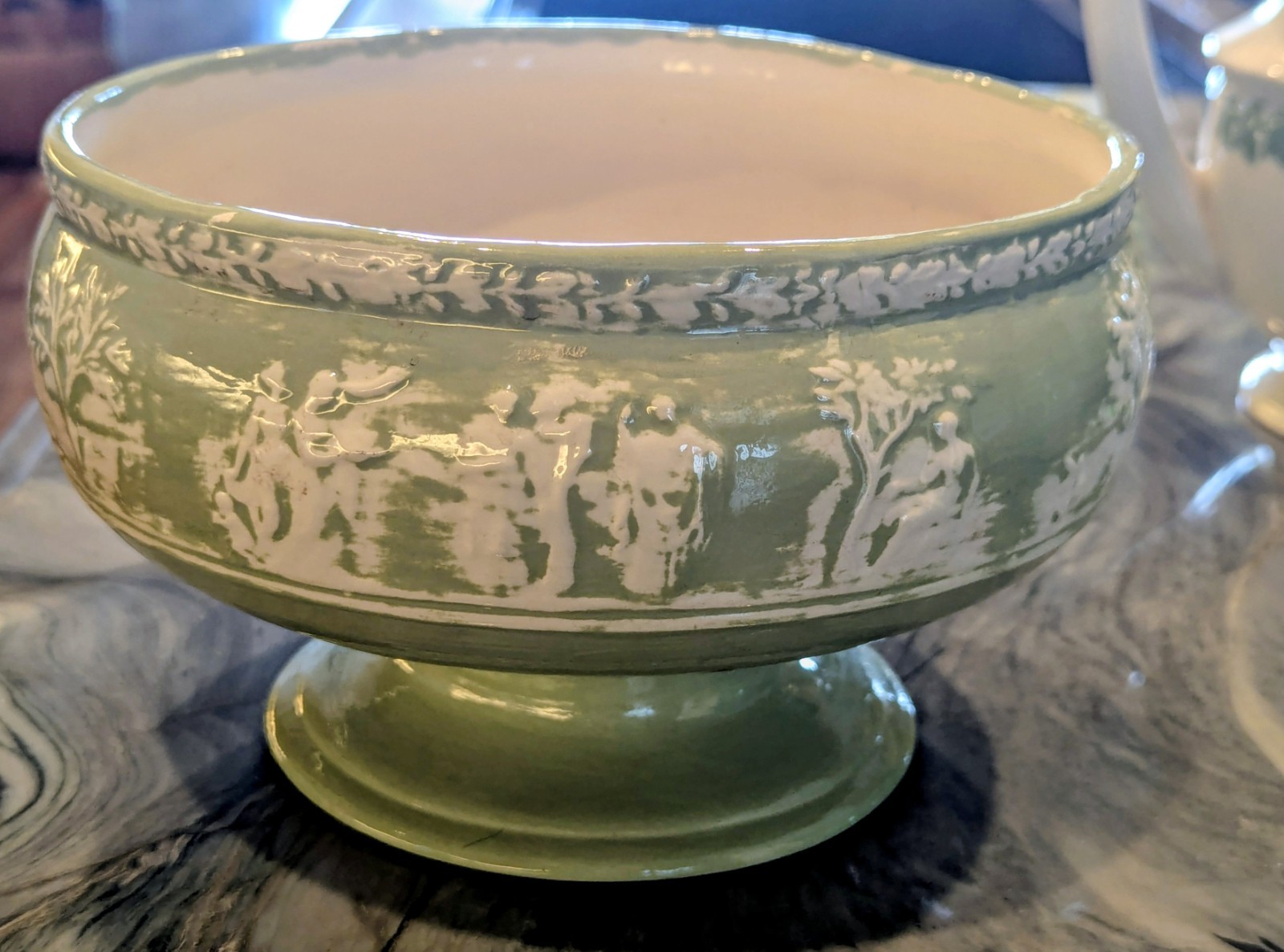 Antique Neoclassical Relief Pedestal Bowl Celadon Figural Victori. Revival-1900