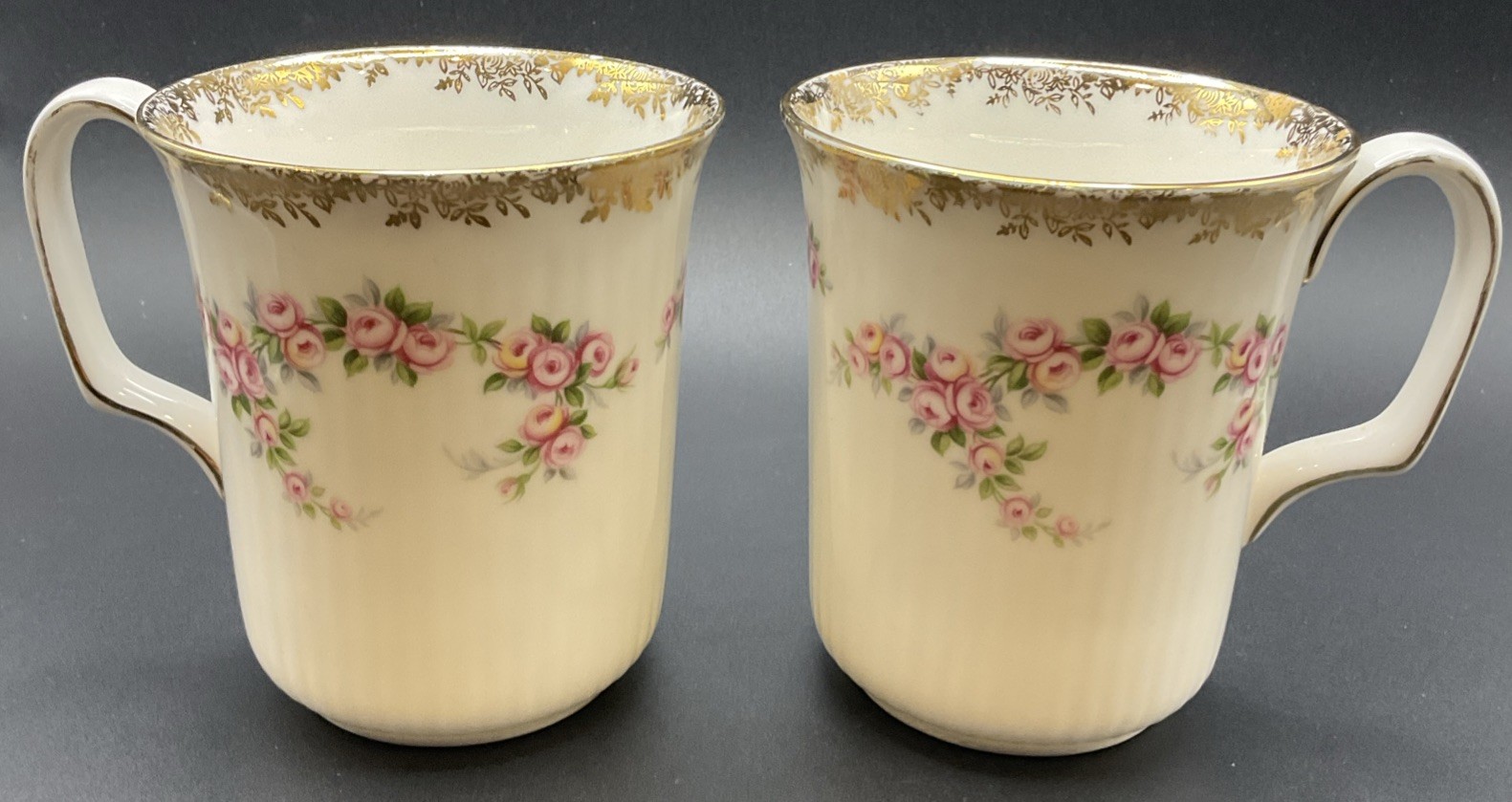 Royal Albert Dimity Rose Ribbed Mug Pink Rose Garland/Gold Set Of 2 Read
