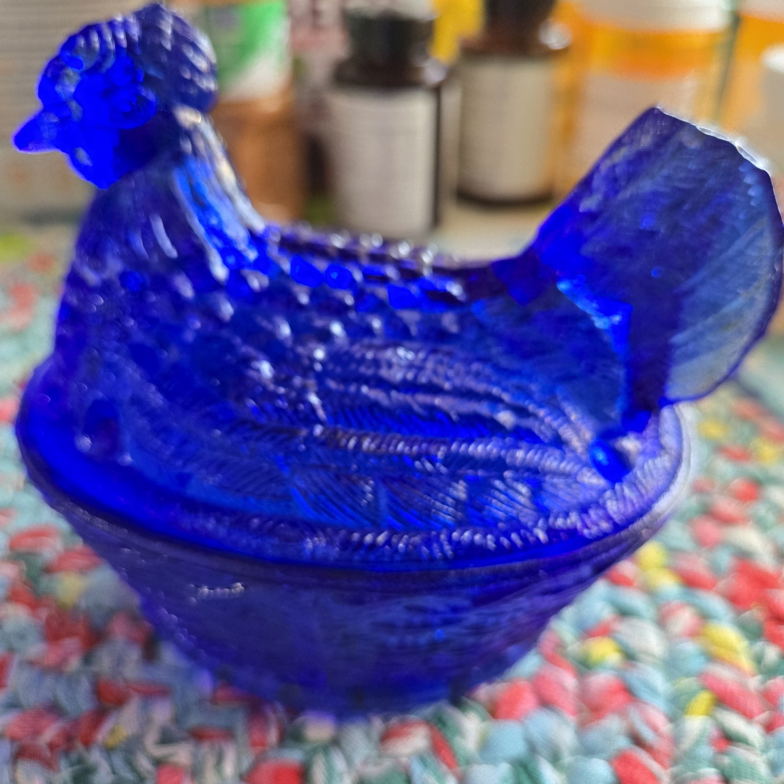 Hen on Nest Chicken Cobalt Blue Glass Style Dish 6 In Cottage Core Grandma Core
