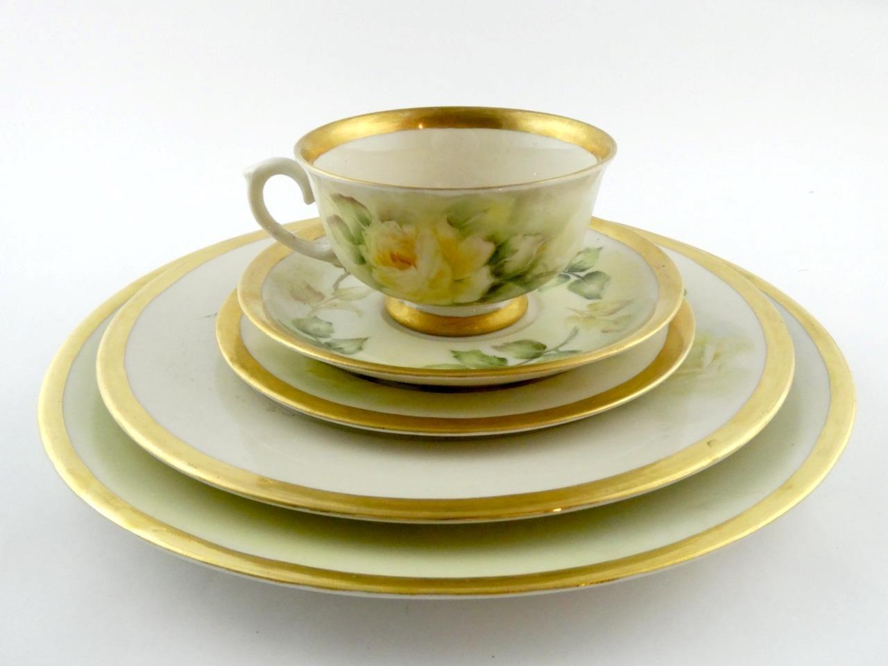 1970s Hand Painted Porcelain 5 Piece Place Setting Yellow Roses Signed VGOOD