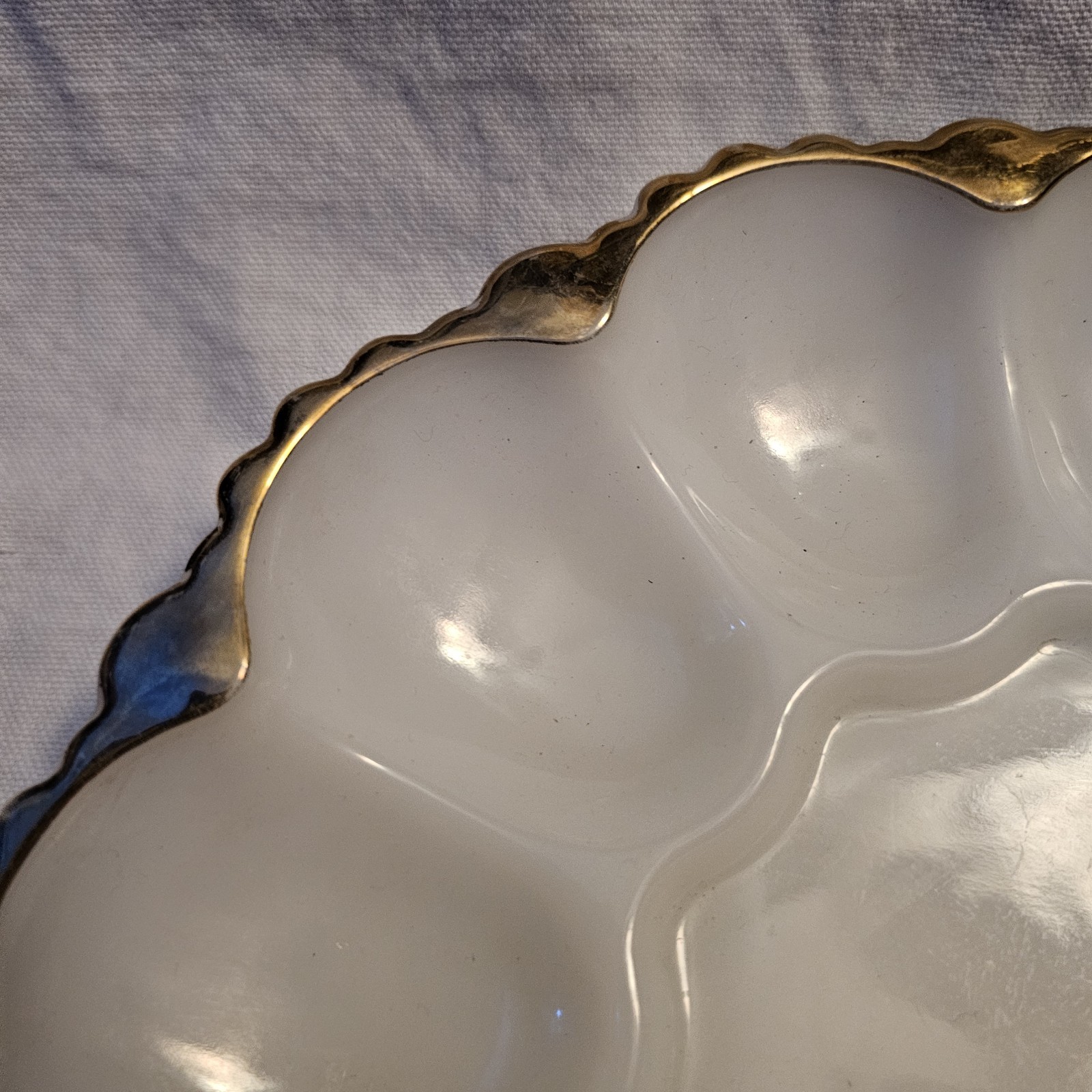 Vintage Anchor Hocking Milk Glass Deviled Egg Plate w/Gold Trim/Edging Flawed
