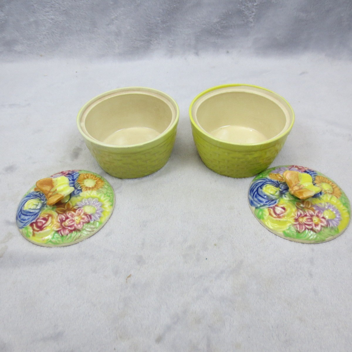 Pair Butterfly Flowers Covered Candy Trinket Dish Japan Majolica Hand Painted