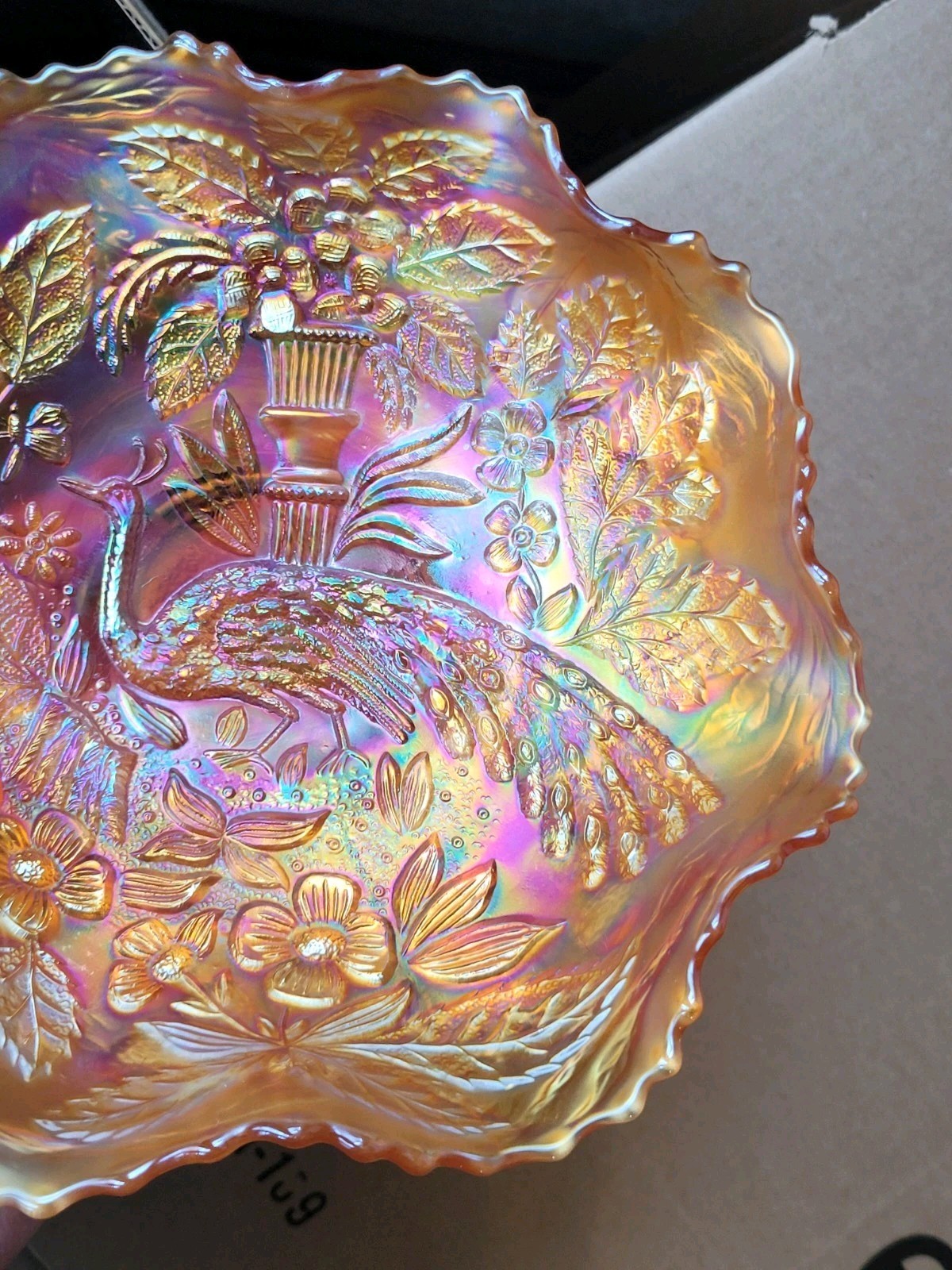 Pretty Dark Marigold Fenton Carnival Glass Peacock & Urn Pattern Bowl