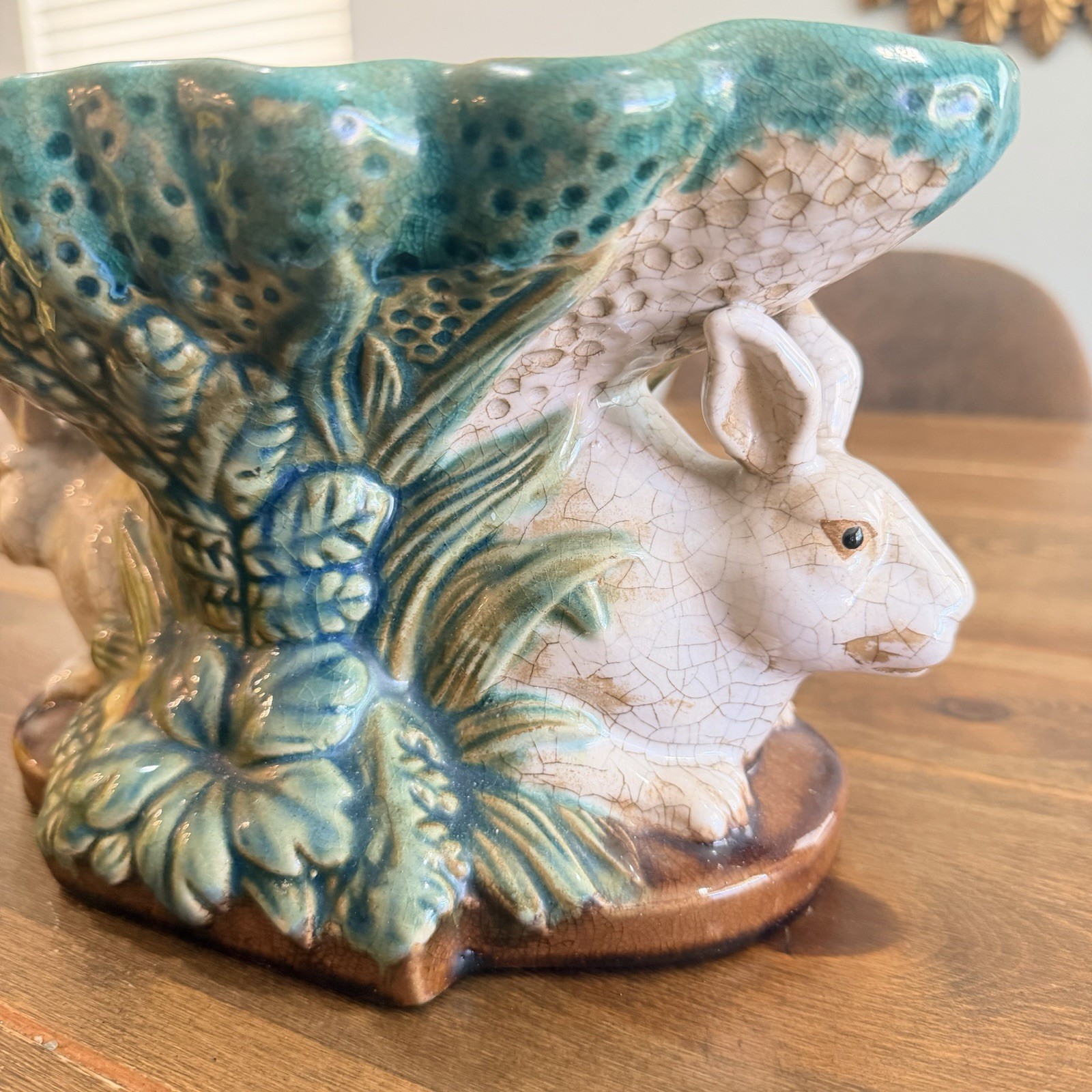 Vtg Majolica Double Rabbit Pedestal Compote Fruit Bowl Centerpiece Easter