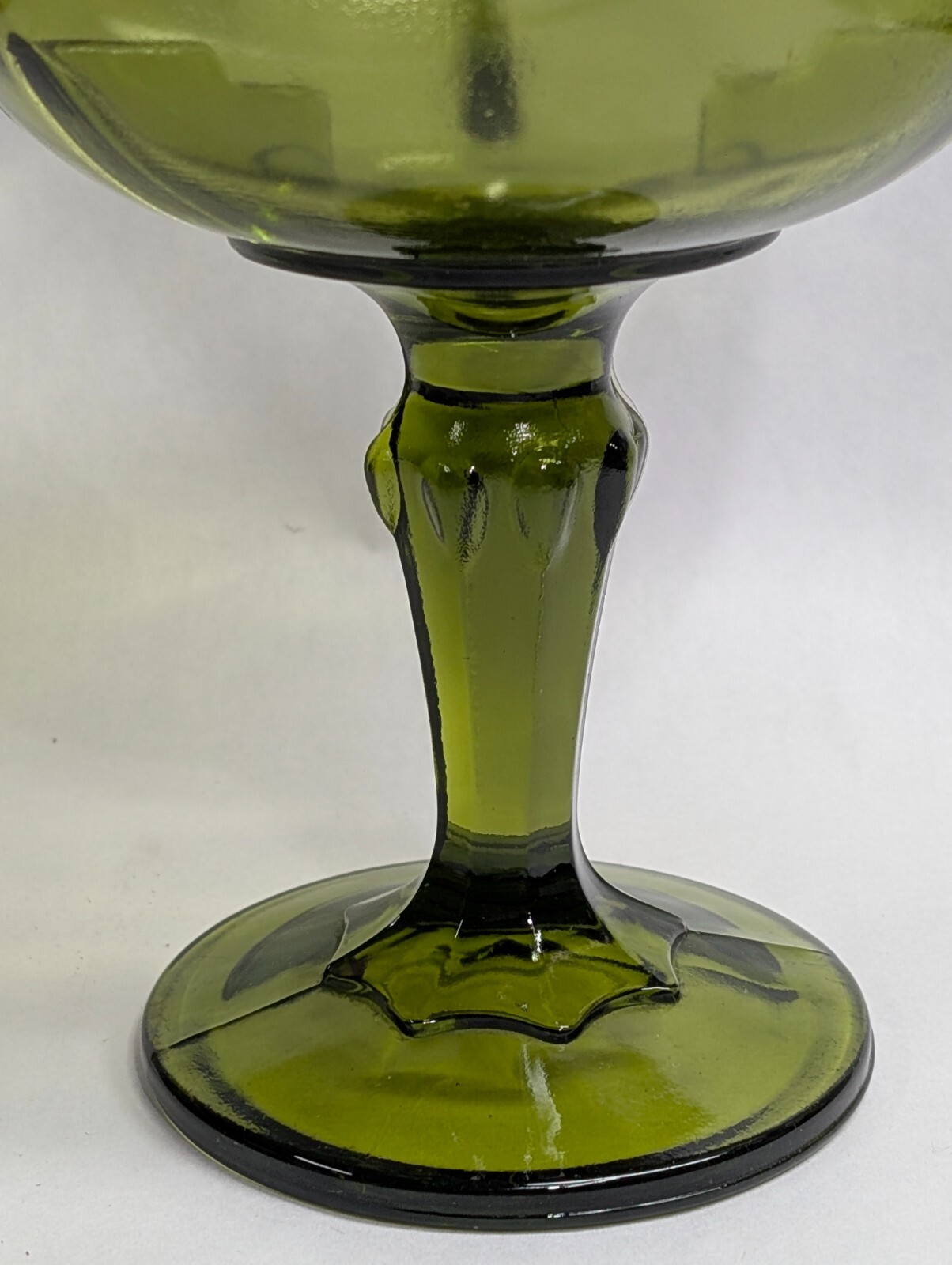 Vintage Indiana Glass Scalloped Olive Green Tear Drop Pedestal Compote Dish 7.5″