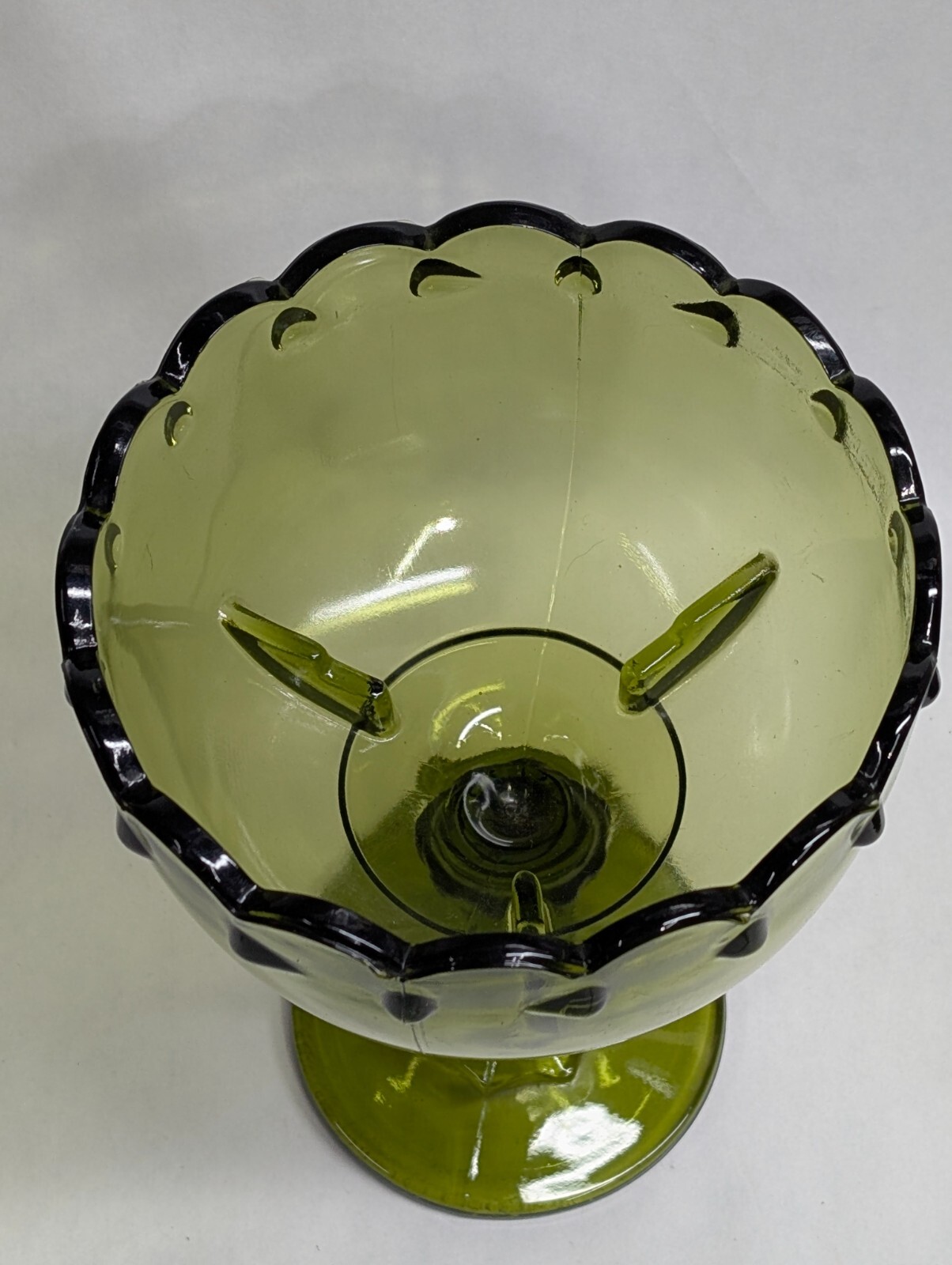 Vintage Indiana Glass Scalloped Olive Green Tear Drop Pedestal Compote Dish 7.5″