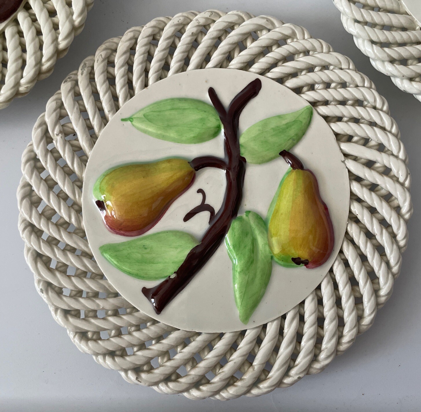Ceramic Spain Wall Plates Spanish Art 3D Fruit Flowers Lattice Painted Set of 3