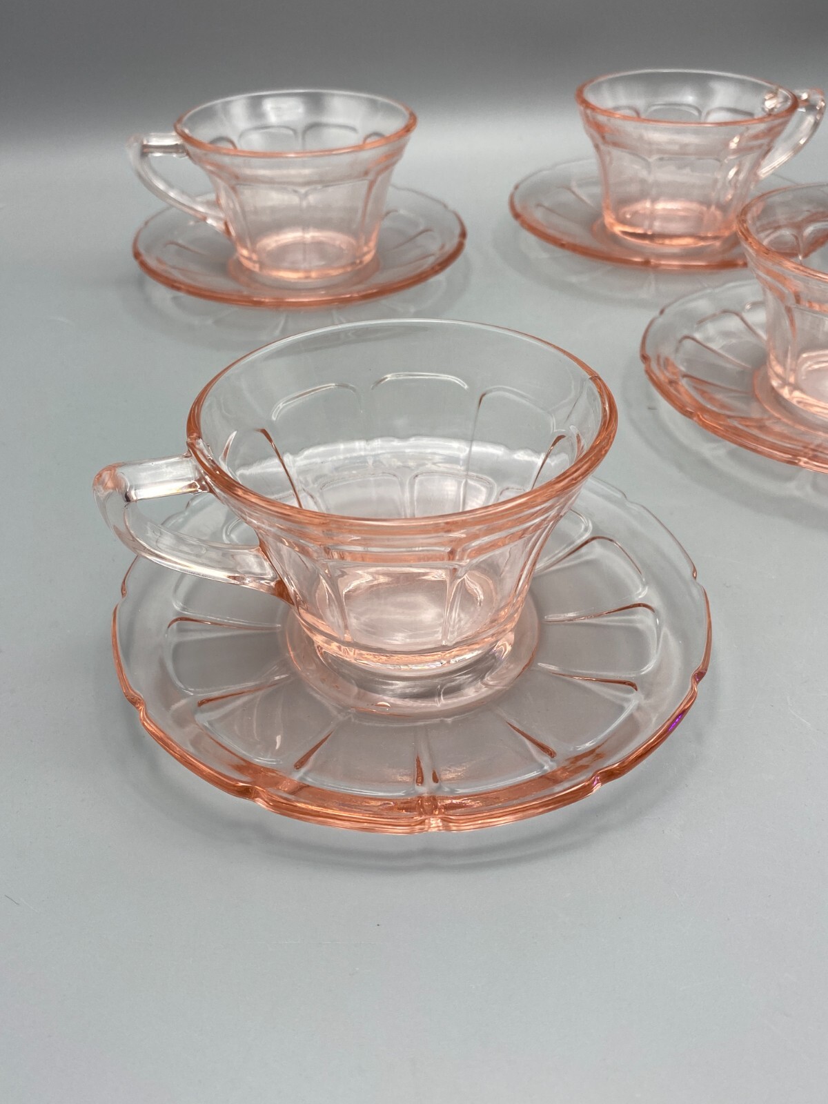 4x VTG Diamond Glass Co. VICTORY Pink Depression Glass Teacup & Saucer Set
