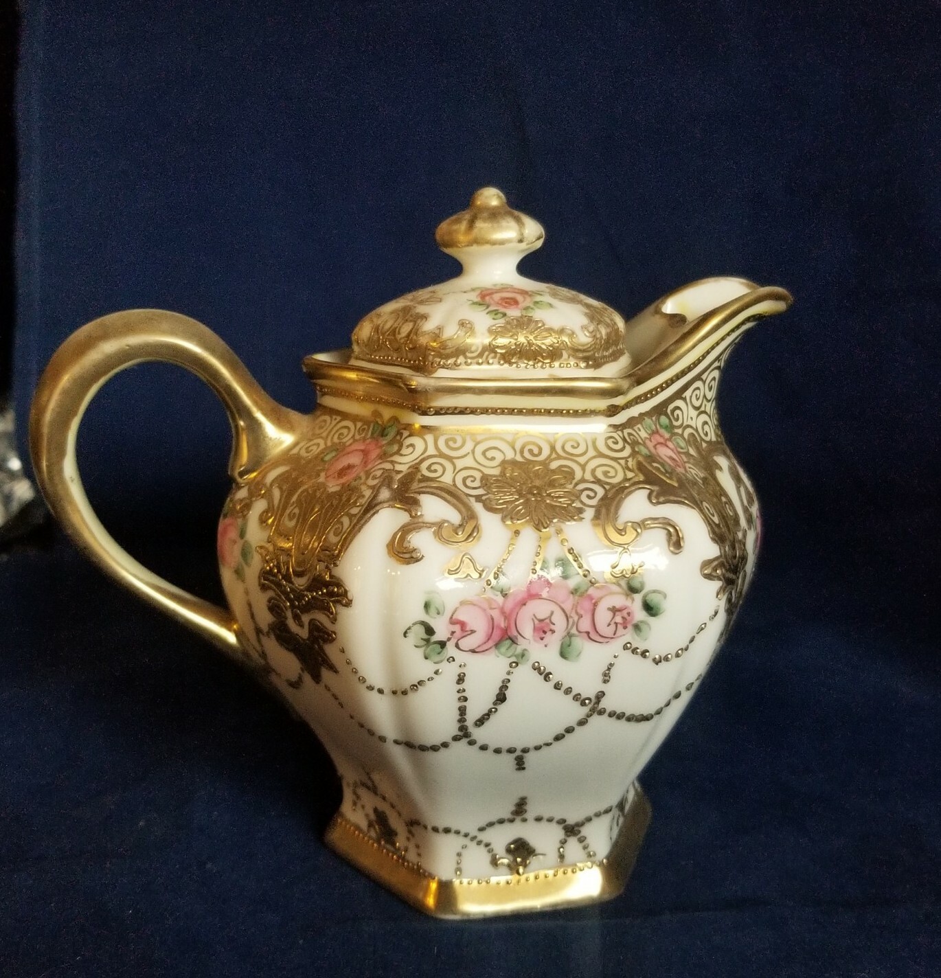Nippon Hand Painted Pink Rose Gold Beaded & Scrollwork Pitcher C. 1891 – 1911