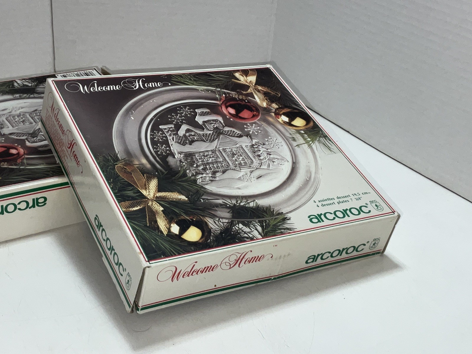 Arcoroc “Welcome Home” France Clear Glass 7 1/2″ Holiday Plates Set of 8 NICE!