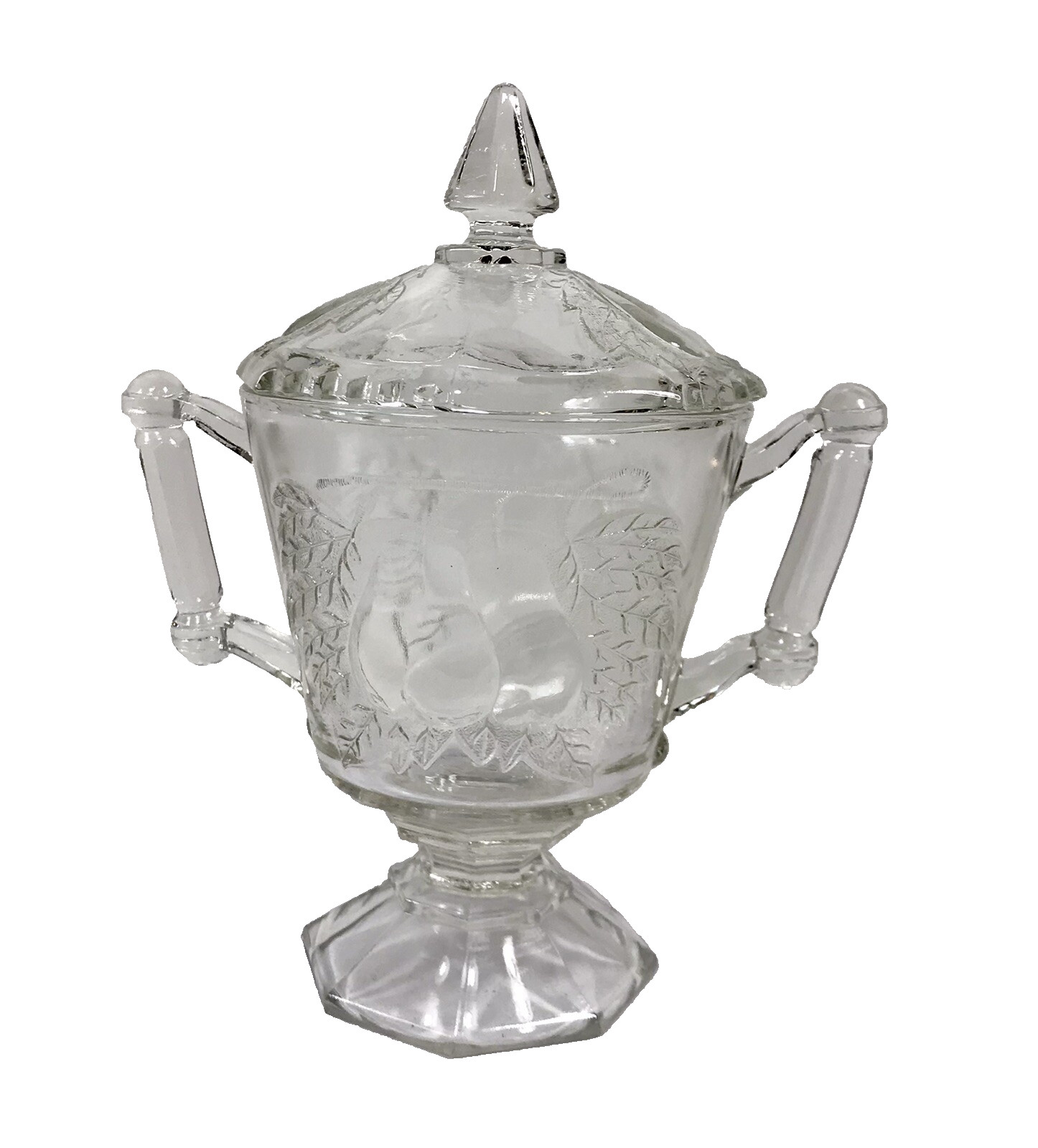 Jeannette Glass Baltimore Pear Clear Lidded Bowl W Handles Sugar Candy Vintg W30