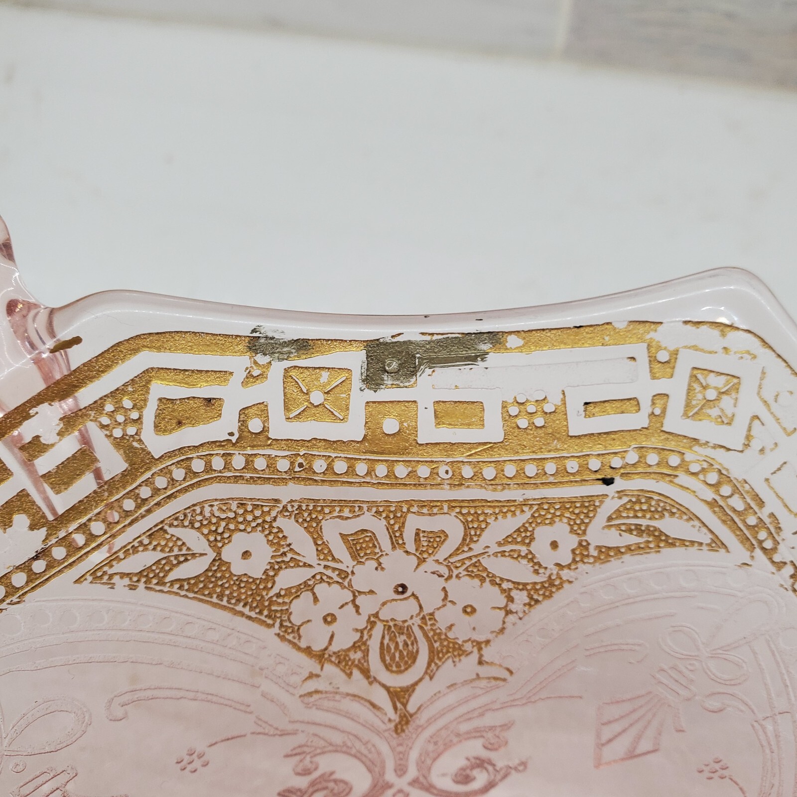 Elegant Pink Depression or Elegant Glass Hexagon Handled Etched Gilded Bowl