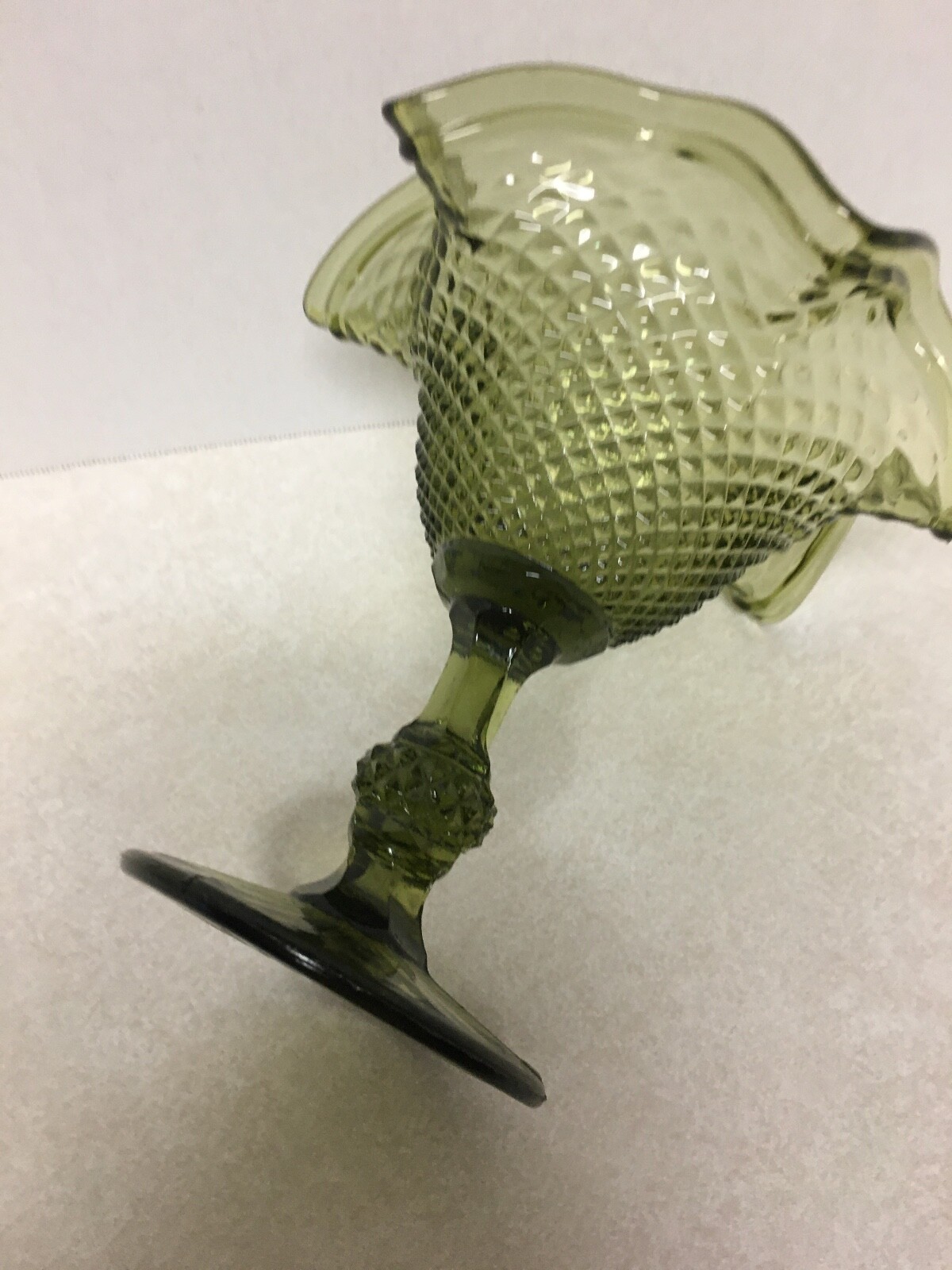 Vintage Olive Green Diamond Point Ruffled Edge Pedestal Bowl Candy Dish Indiana
