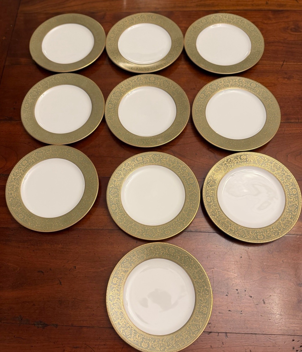 Set of 10 Sango Versailles 3632 Salad Plates 7.75″ Green Gold Vintage Japan