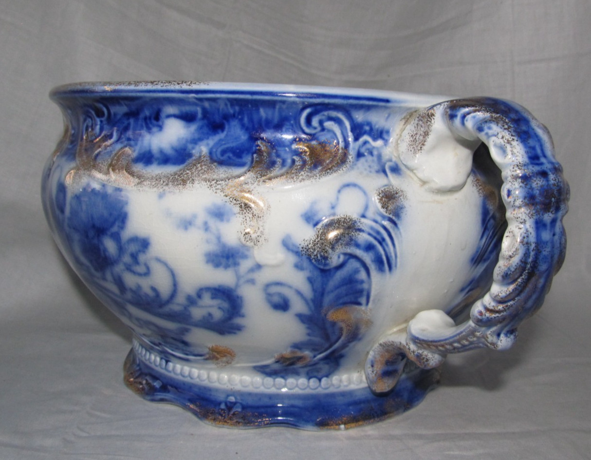 Victorian Flow Blue Chamber Pot Gold Gilt J&G Meakin “Moderna” Antique 1895-1915