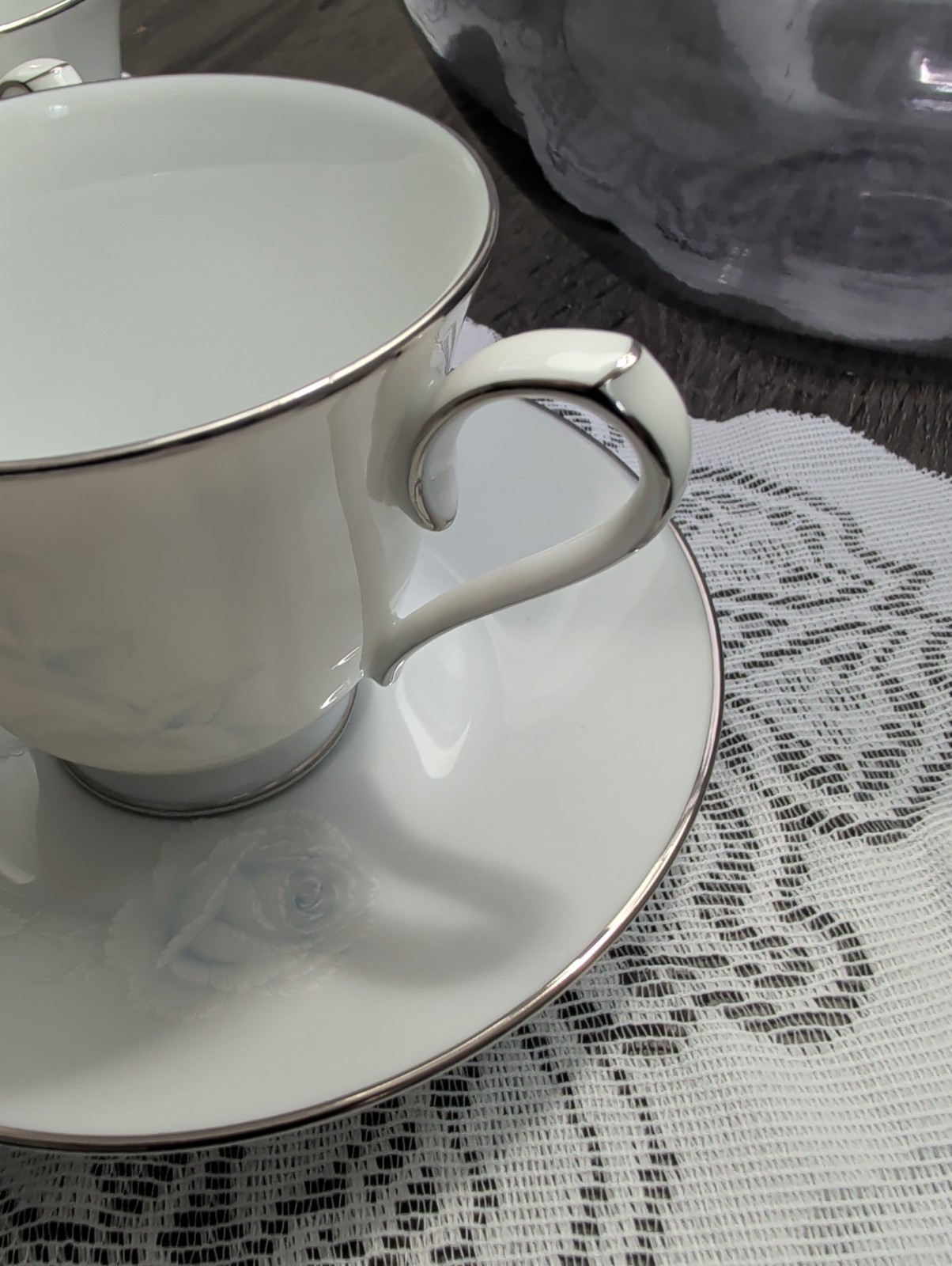 Noritake Virtue Tea Cup and Saucer Platinum Trim White & Blue Japan 2934 Vintage