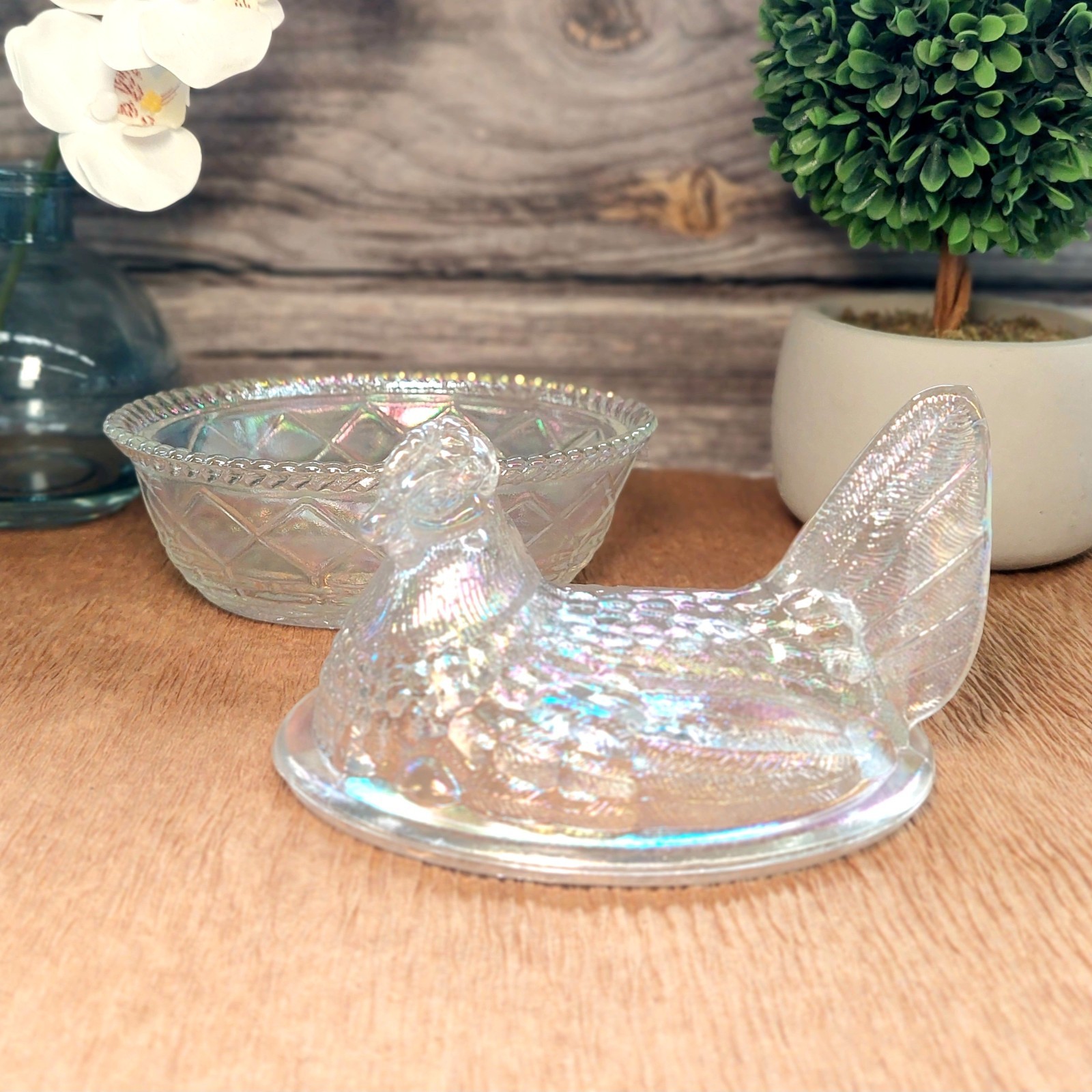 Carnival Glass Hen on Nest Chicken Candy Dish, Depression Style, Vintage Decor