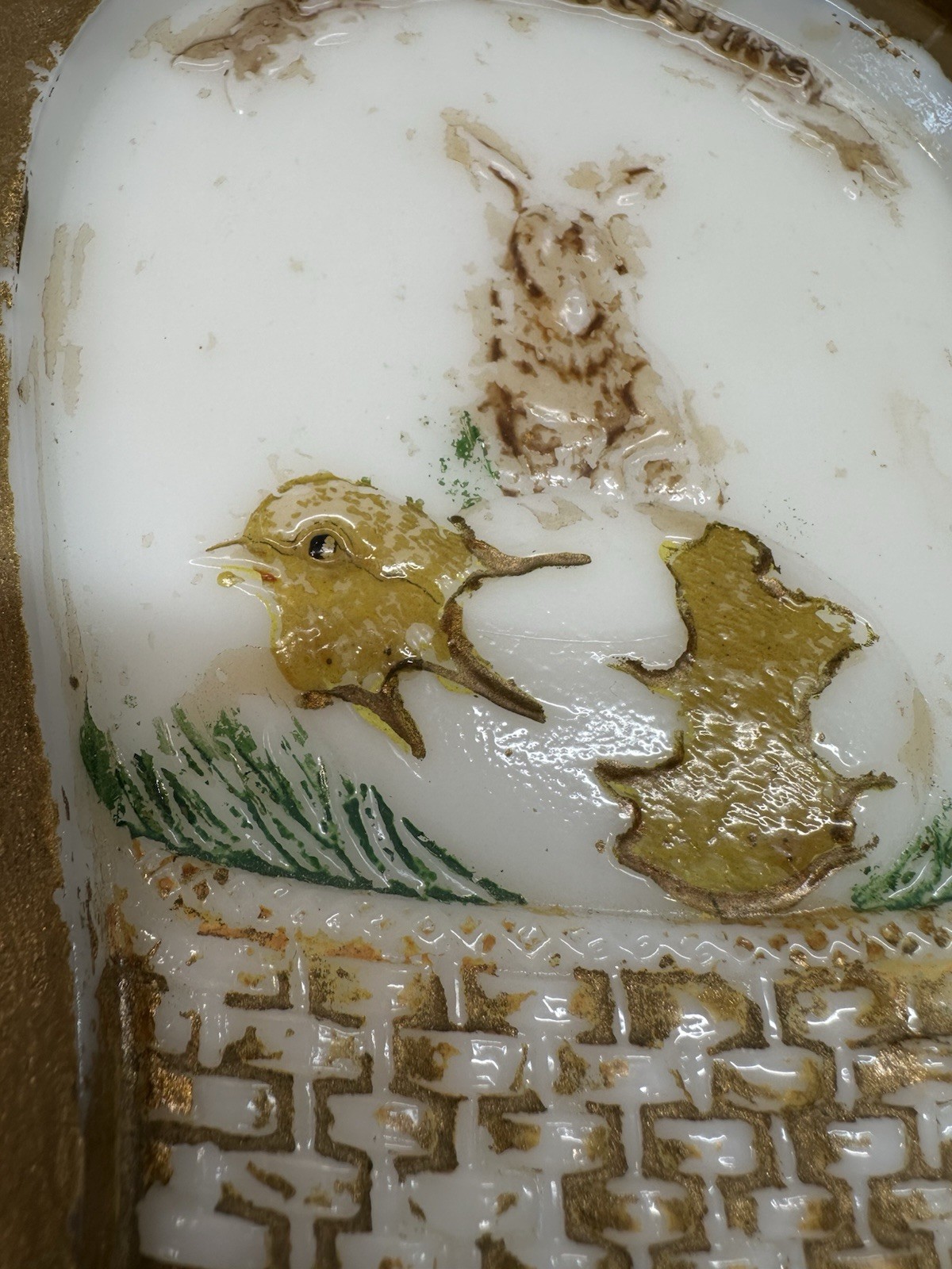 P.L. Co. Antique Pressed Milk Glass Easter Horseshoe Hanging Plaque Bunny Chick