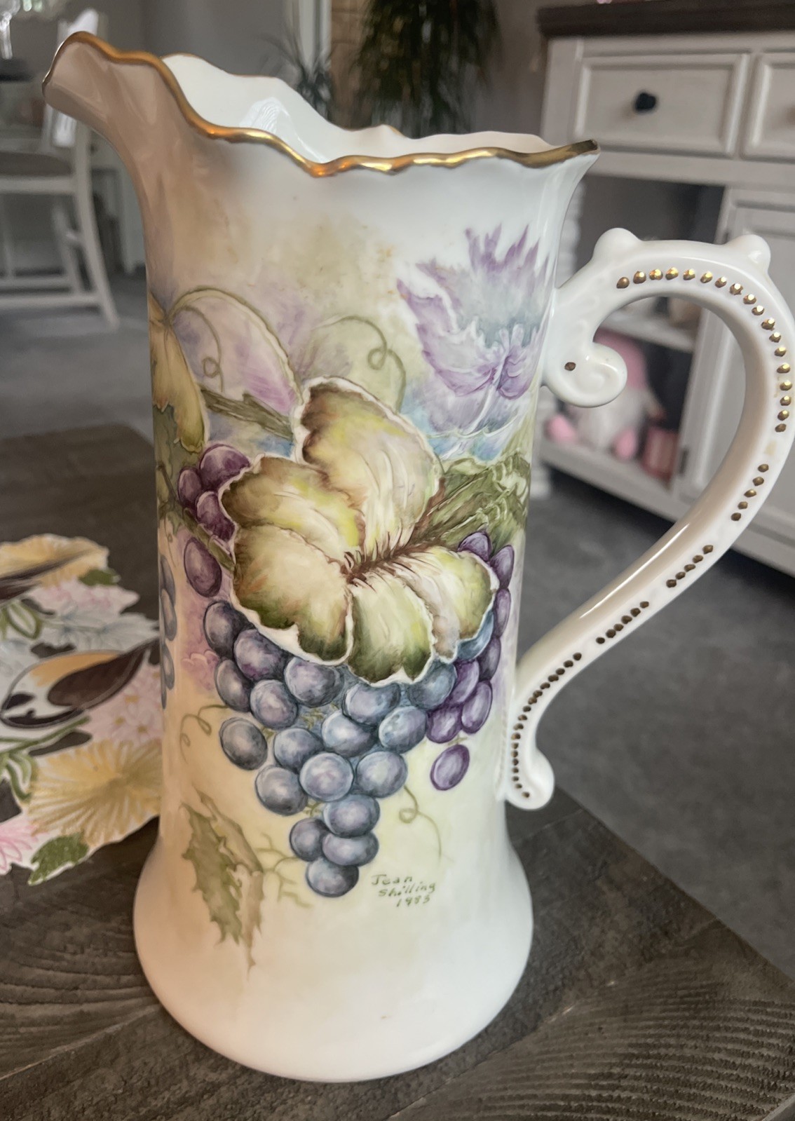 ANTIQUE LIMOGES GRAPE LEAF PITCHER SIGNED BY Shilling -mint