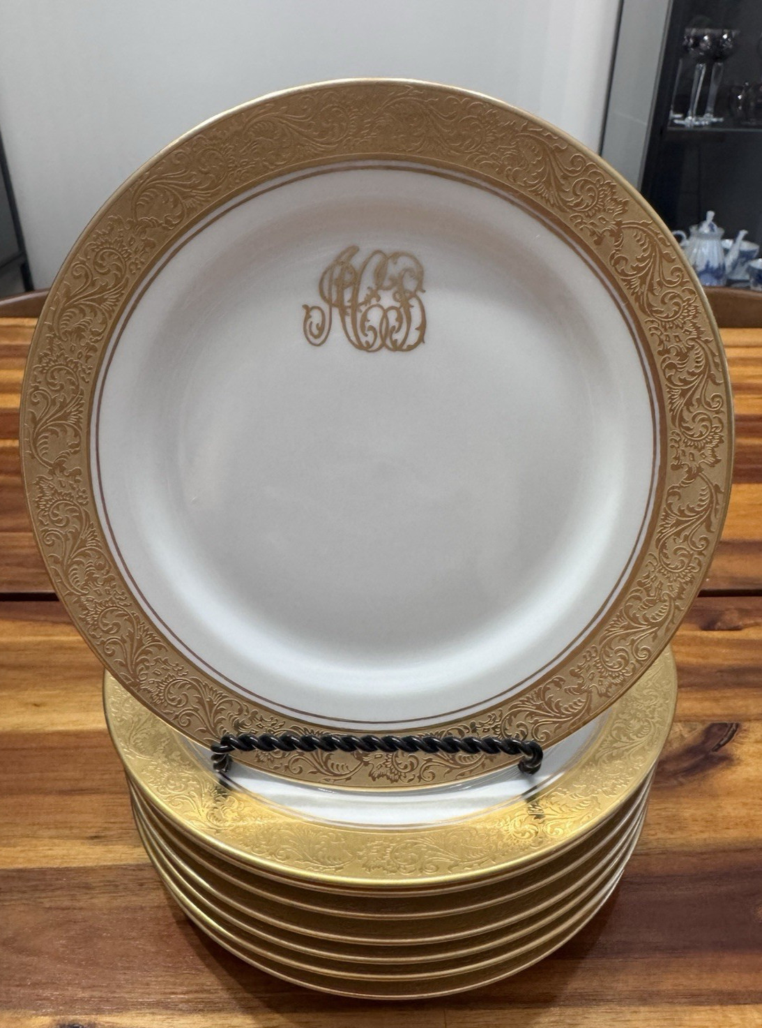 8pcs Antique Limoges P&P Gold Encrusted Monogram Salad Plates 7.5″- France, MINT