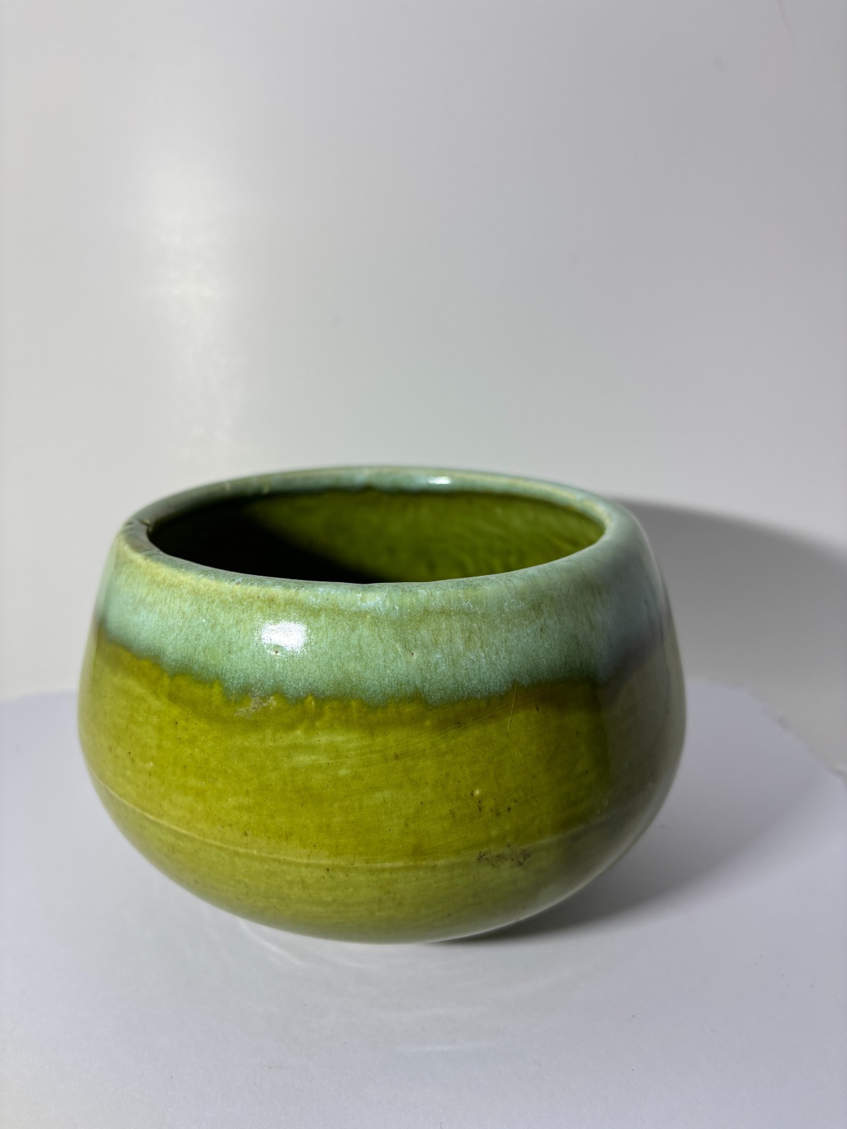 Vintage MCM California Pottery Bowl Green Drip Glaze Calif USA Stamped J-2