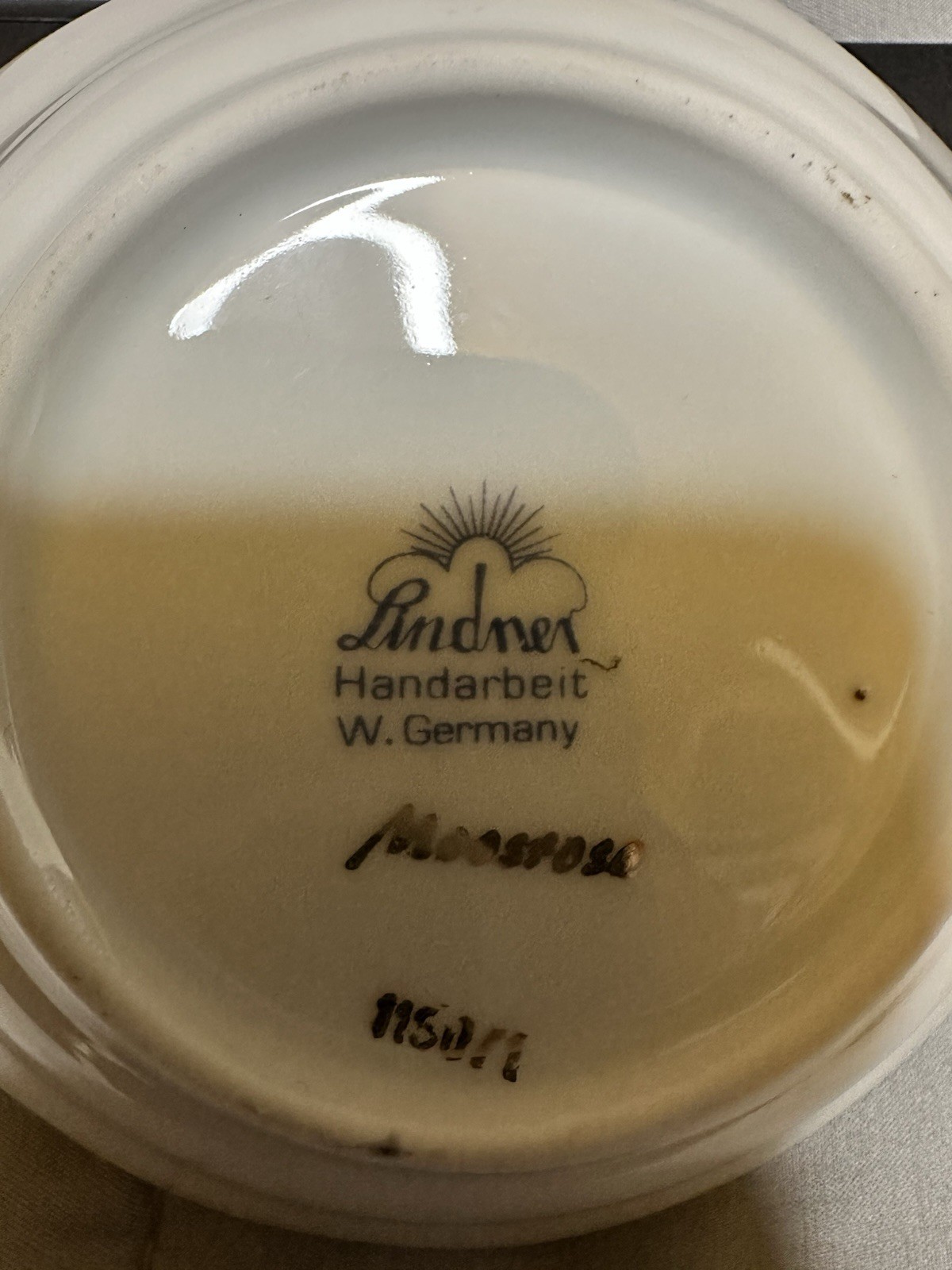 Lindner Moosrose Floral Porcelain trinket Bowl Handmade W. Germany Gold Trim