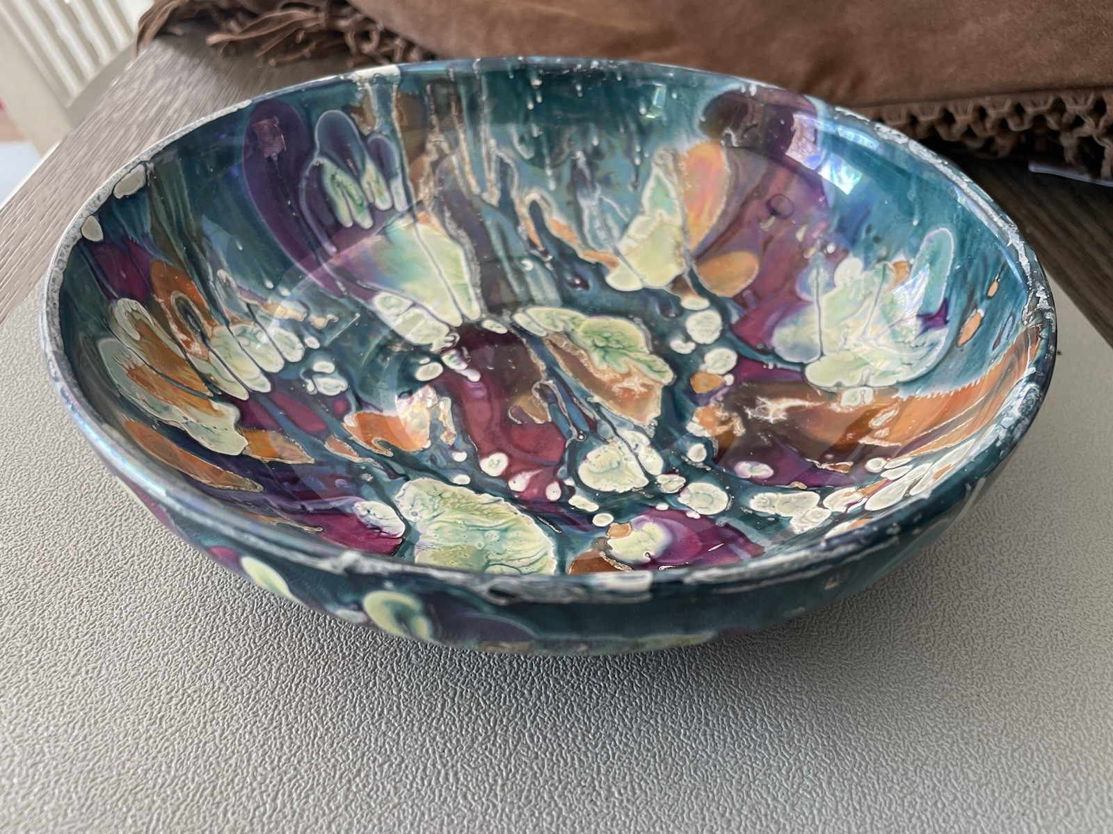8” Vintage Abstract Swirl Orange Yellow Green Grey Blue Enamel Bowl