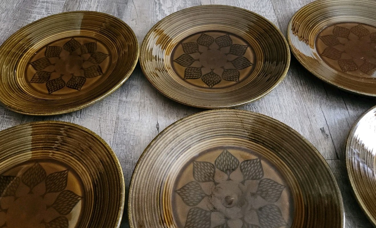 Set Of 6 Old Gold Harmony House 10.25″ Dinner Plates MCM Vintage Glossy