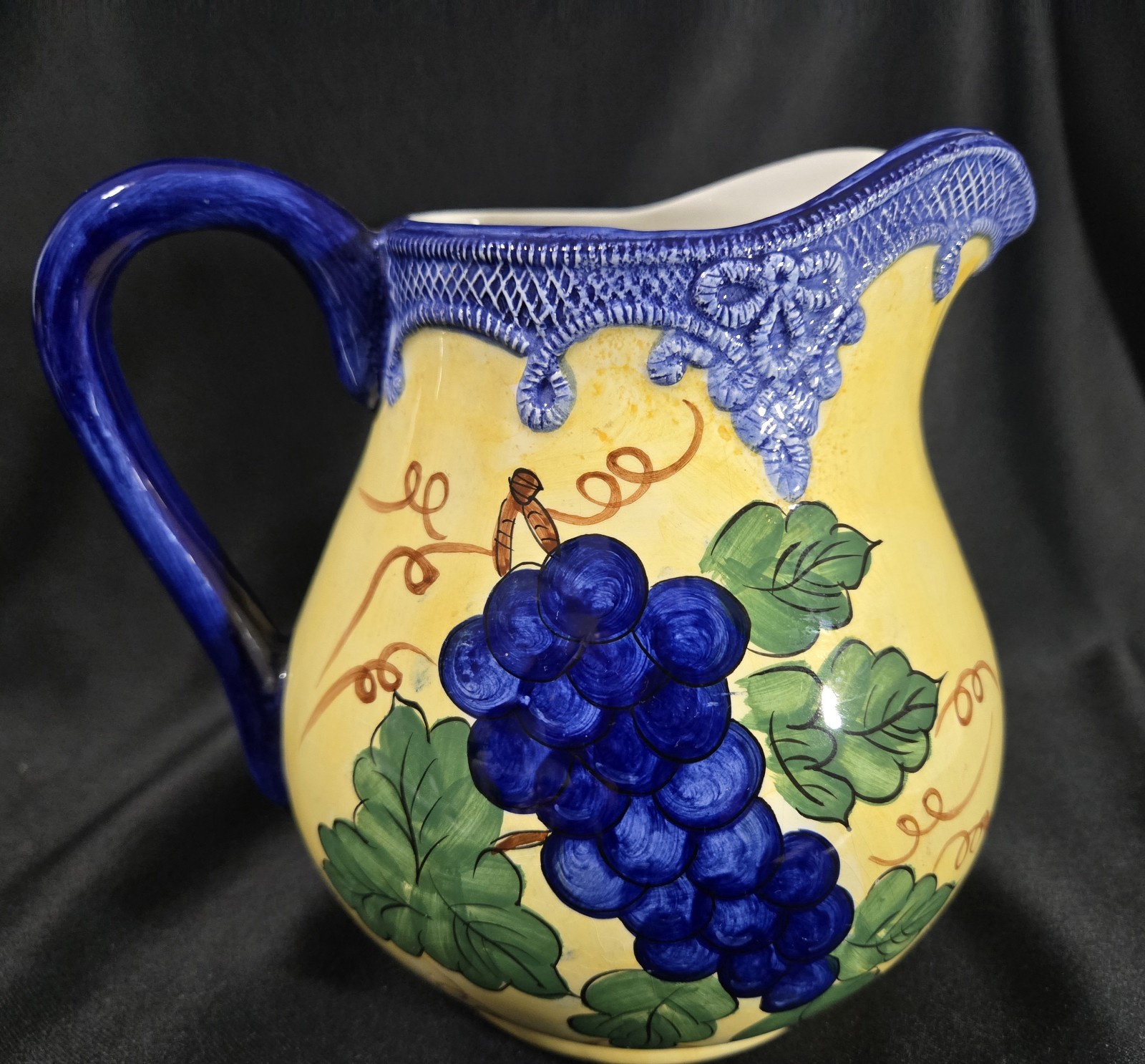 MINT VTG Pitcher With Grapes Hand Painted Rare Yellow/Cobalt Blue Braided Trim