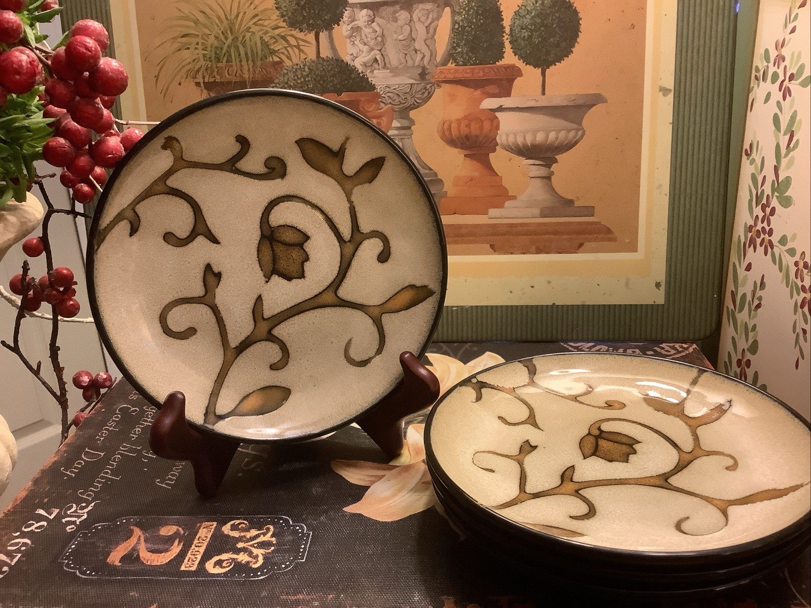 Mikasa~GOURMET BASICS/Gold Scroll~(4) 6” Dessert Plates~Stoneware~c 2011-2011~