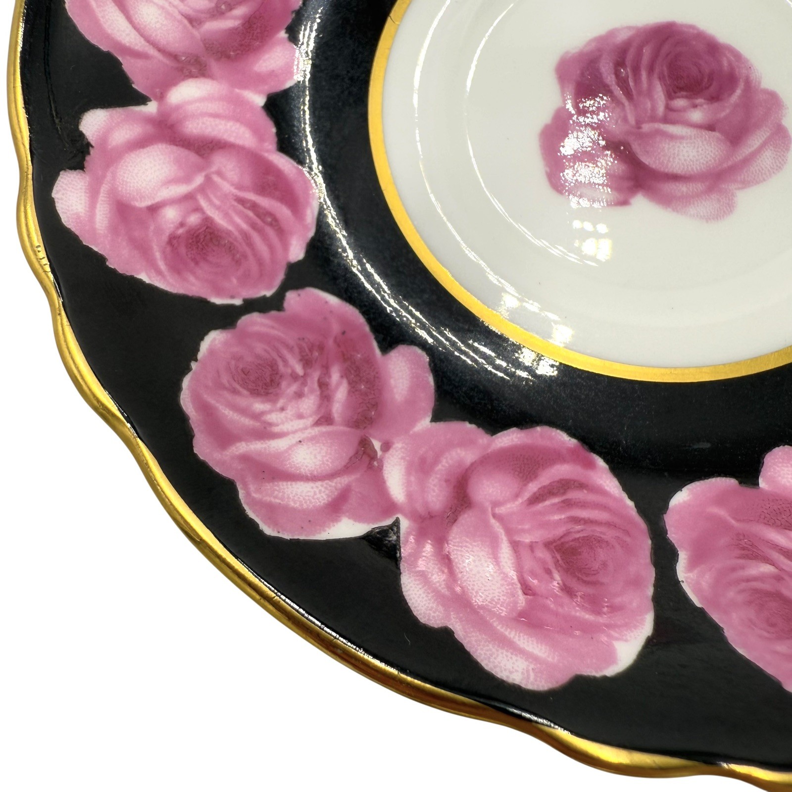 Paragon Pink Cabbage Rose Garland Black Gold Teacup & Saucer Double Warrant