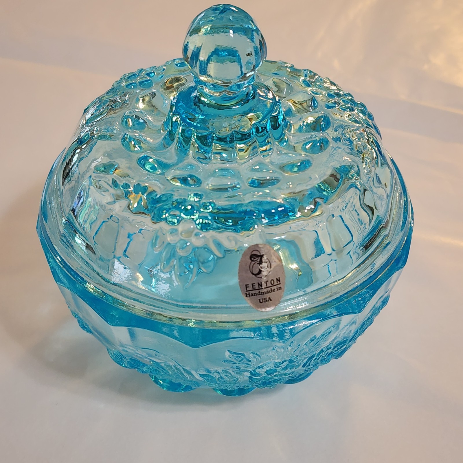Fenton Blue Aqua Glass Paneled Puff Box Candy Dish Jelly Compote Grape Vines